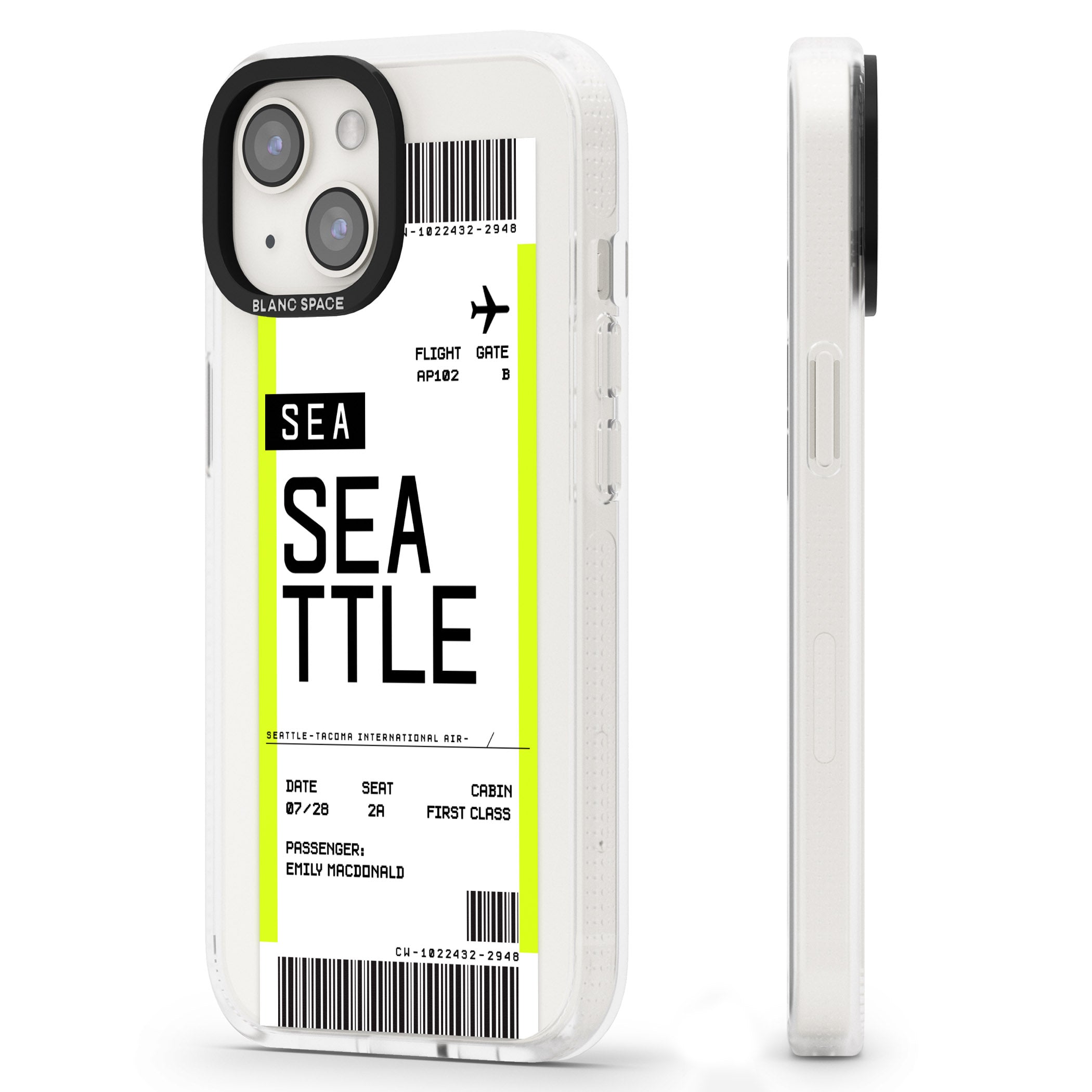 Personalised Seattle Boarding Pass iPhone 15 / 14 / 13 Clear Case Impact Air - Blanc Space