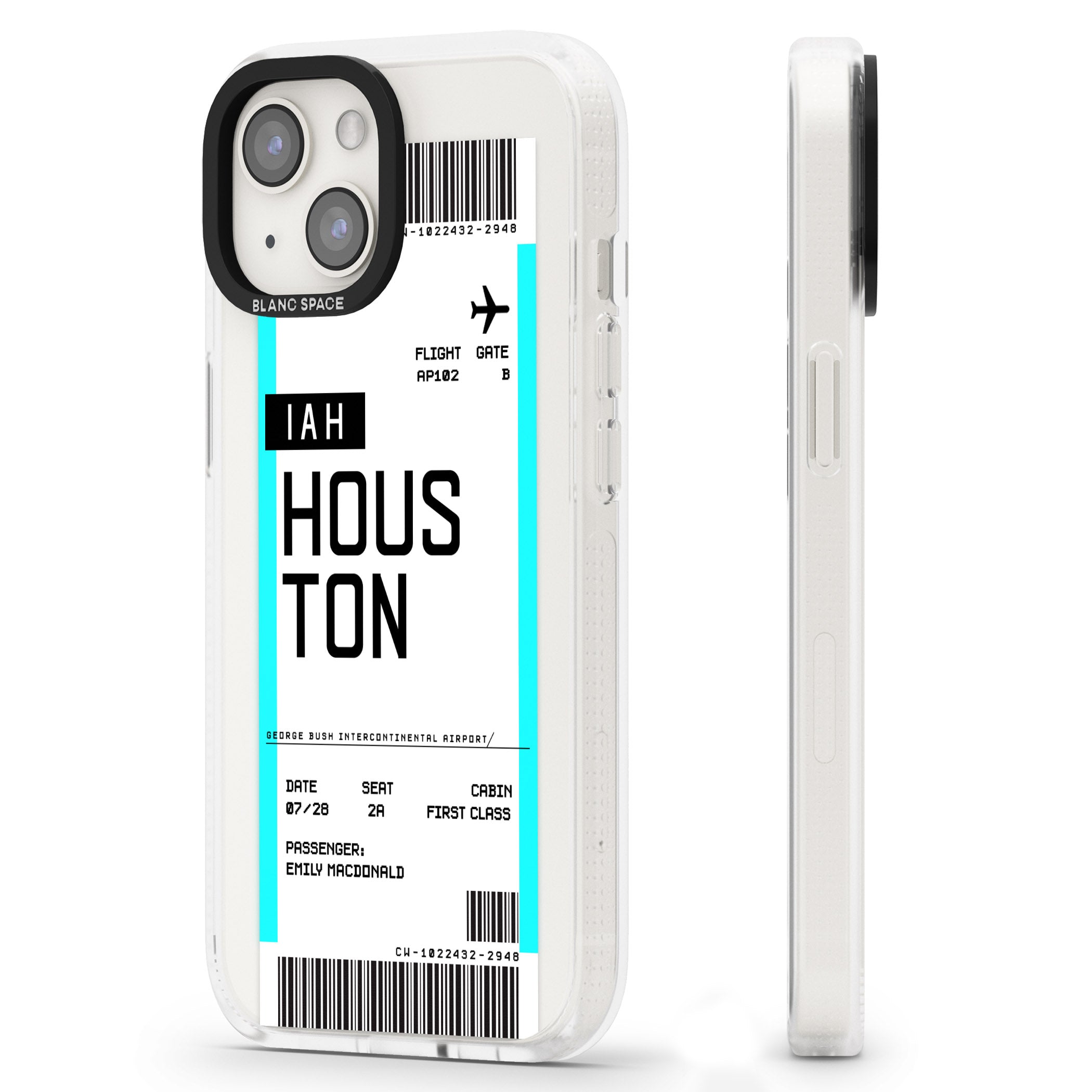 Personalised Houston Boarding Pass iPhone 15 / 14 / 13 Clear Case Impact Air - Blanc Space