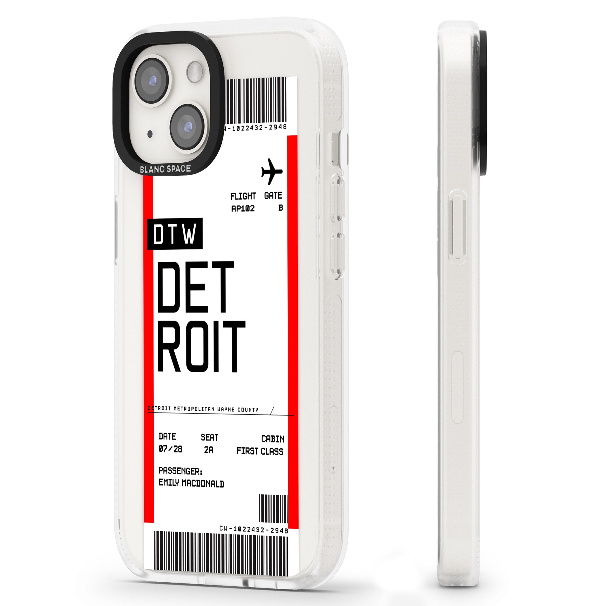 Personalised Detroit Boarding Pass iPhone 15 / 14 / 13 Clear Case Impact Air - Blanc Space