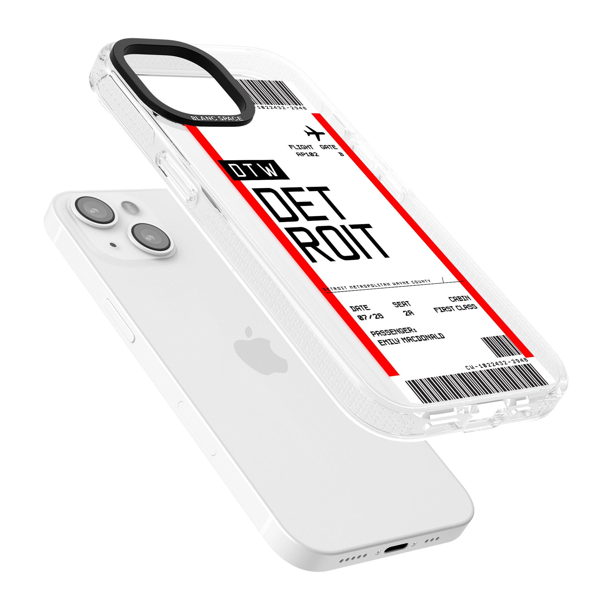 Personalised Detroit Boarding Pass iPhone 15 / 14 / 13 Clear Case Impact Air - Blanc Space
