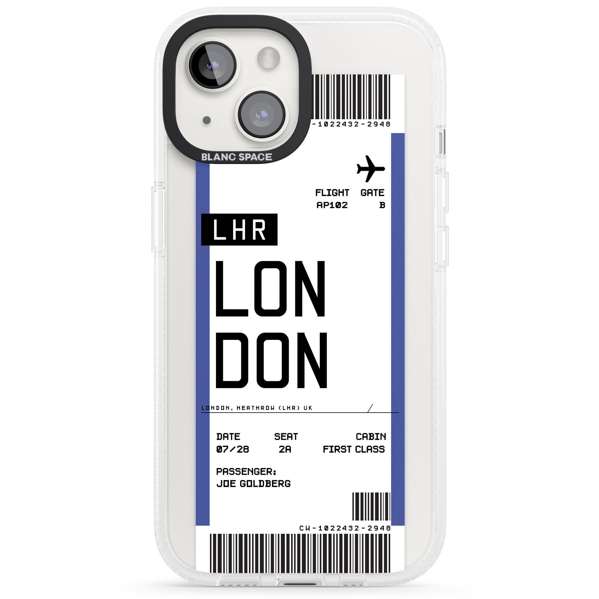 Personalised London Boarding Pass iPhone 15 / 14 / 13 Clear Case Impact Air - Blanc Space