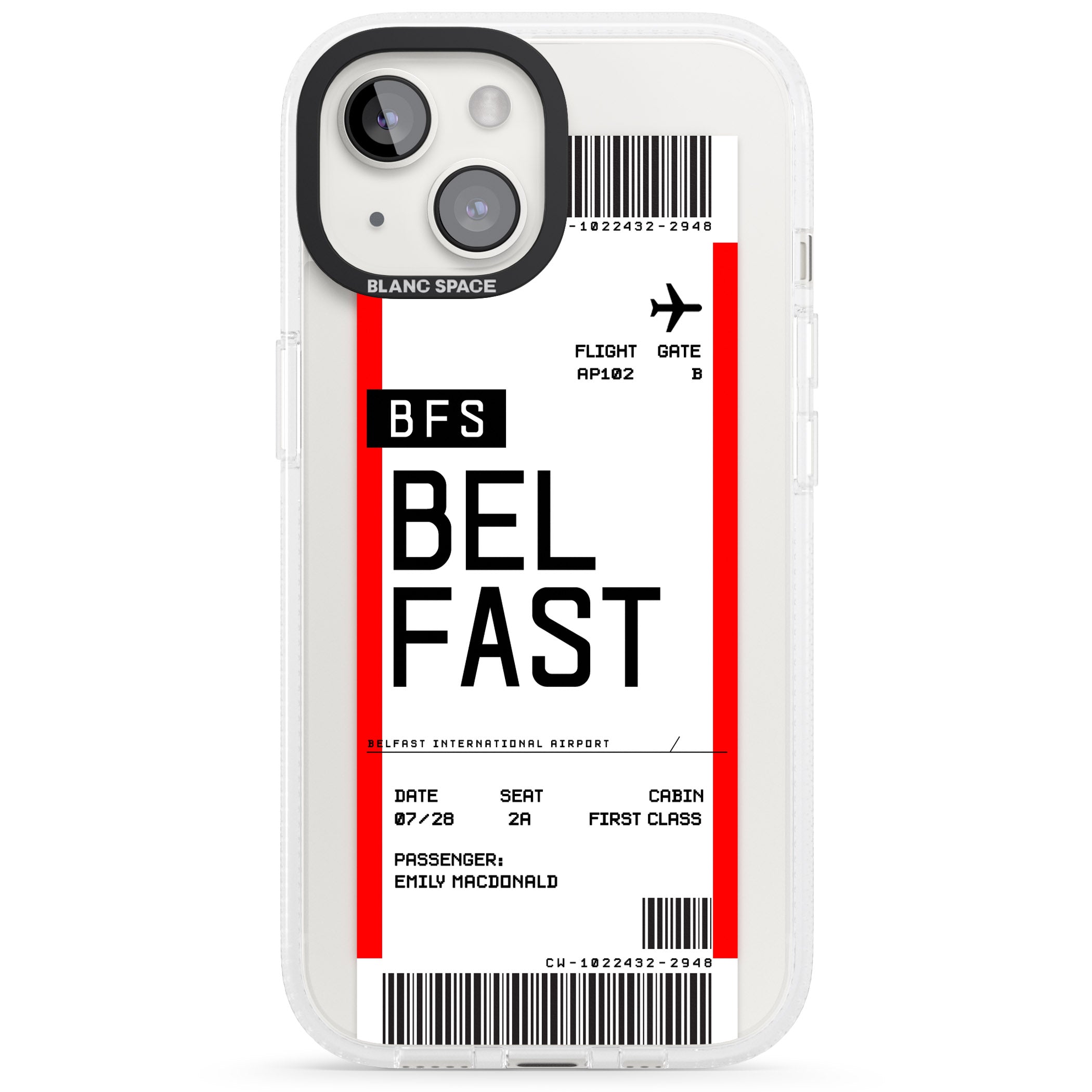 Personalised Belfast Boarding Pass iPhone 15 / 14 / 13 Clear Case Impact Air - Blanc Space
