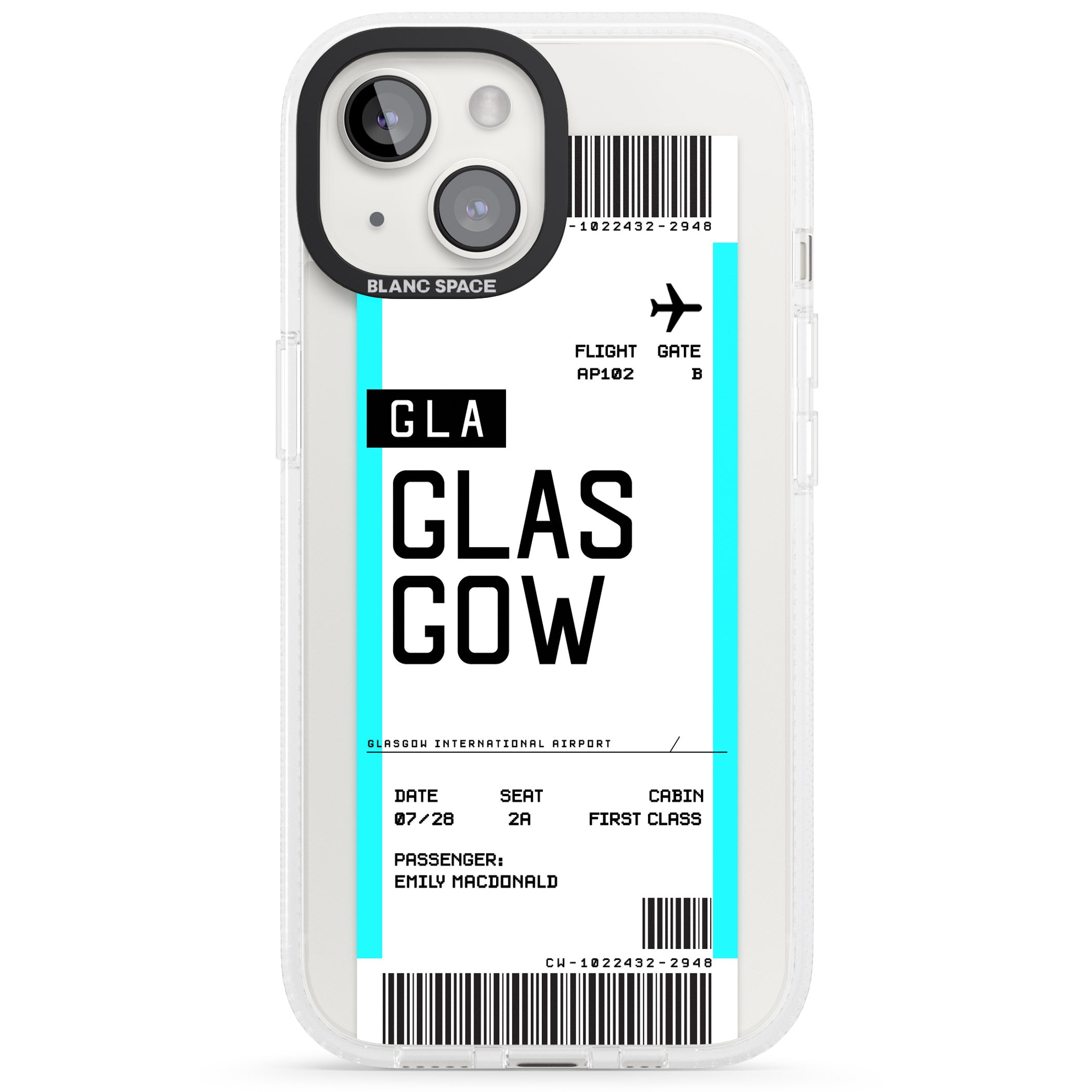 Personalised Glasgow Boarding Pass iPhone 15 / 14 / 13 Clear Case Impact Air - Blanc Space