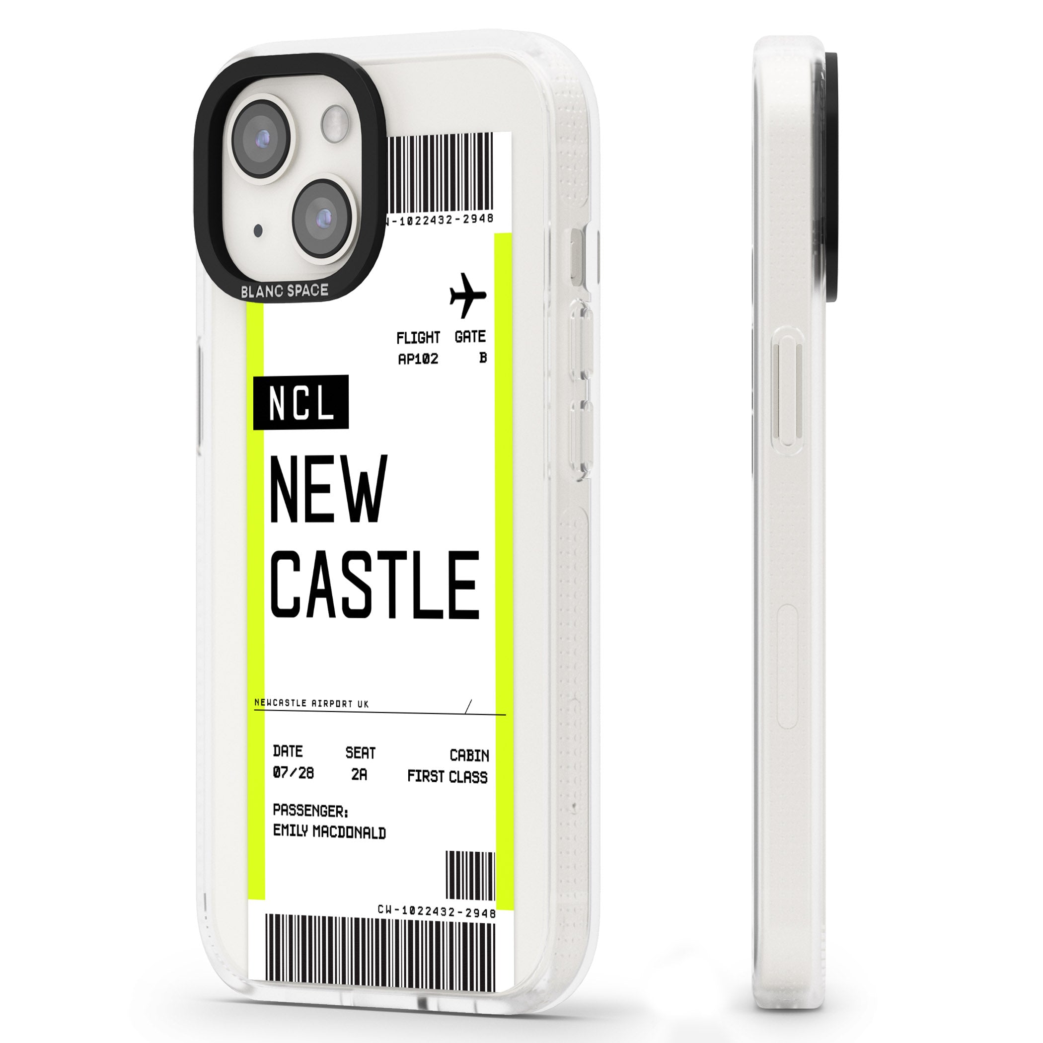 Personalised Newcastle Boarding Pass iPhone 15 / 14 / 13 Clear Case Impact Air - Blanc Space