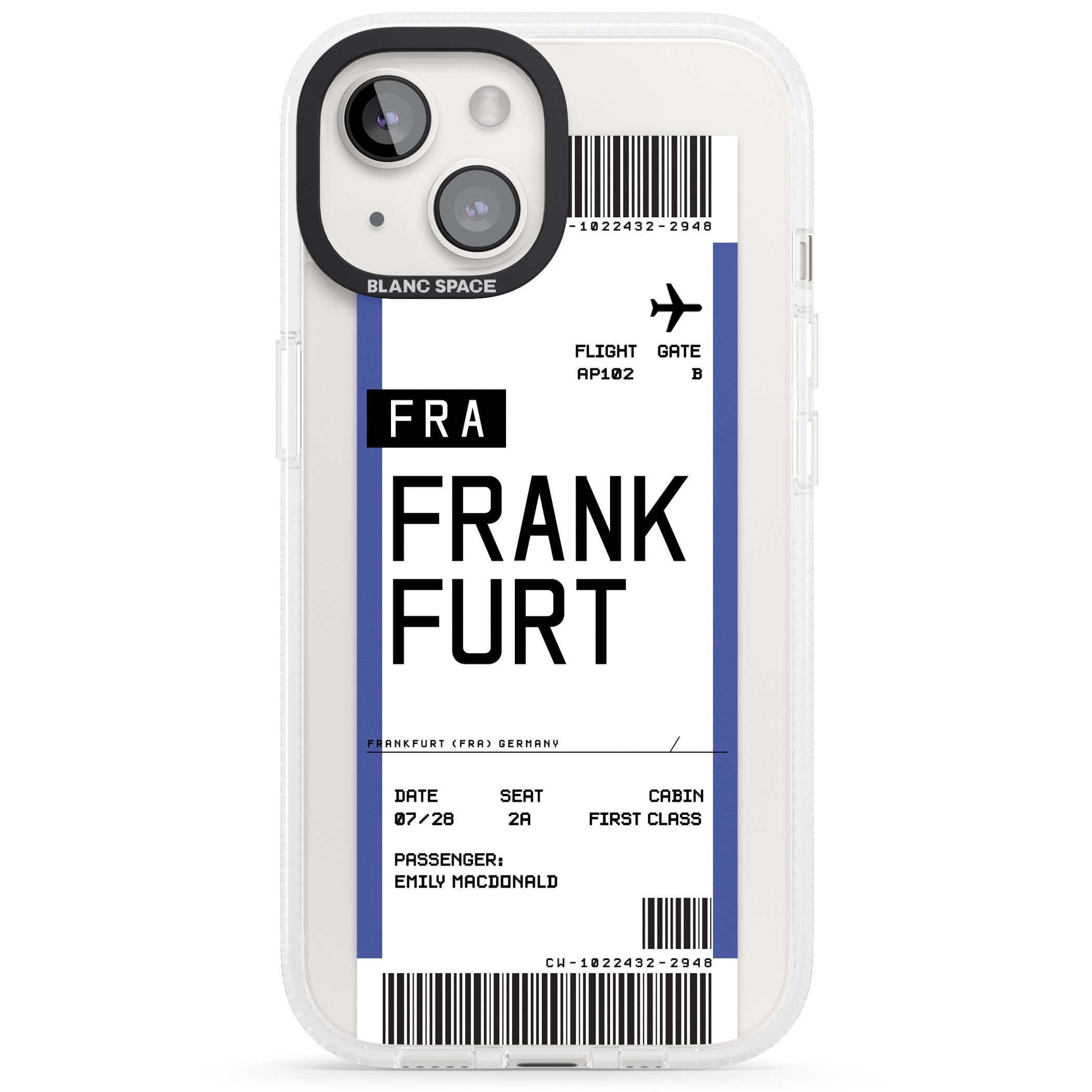 Personalised Frankfurt Boarding Pass iPhone 15 / 14 / 13 Clear Case Impact Air - Blanc Space