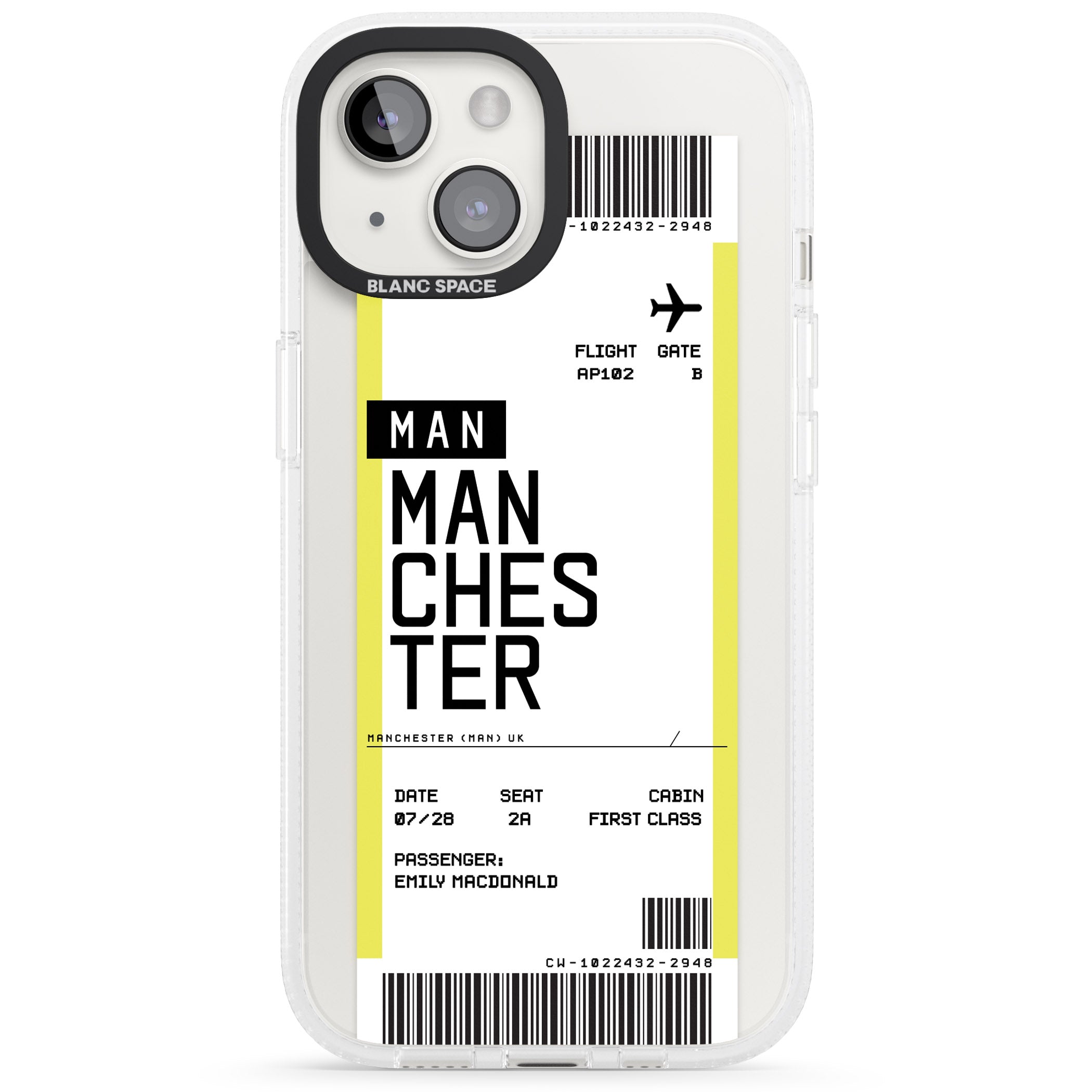 Personalised Manchester Boarding Pass iPhone 15 / 14 / 13 Clear Case Impact Air - Blanc Space