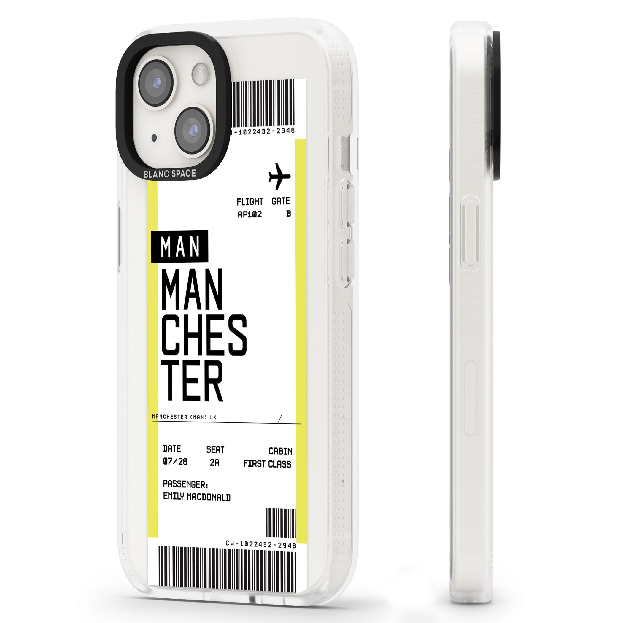 Personalised Manchester Boarding Pass iPhone 15 / 14 / 13 Clear Case Impact Air - Blanc Space