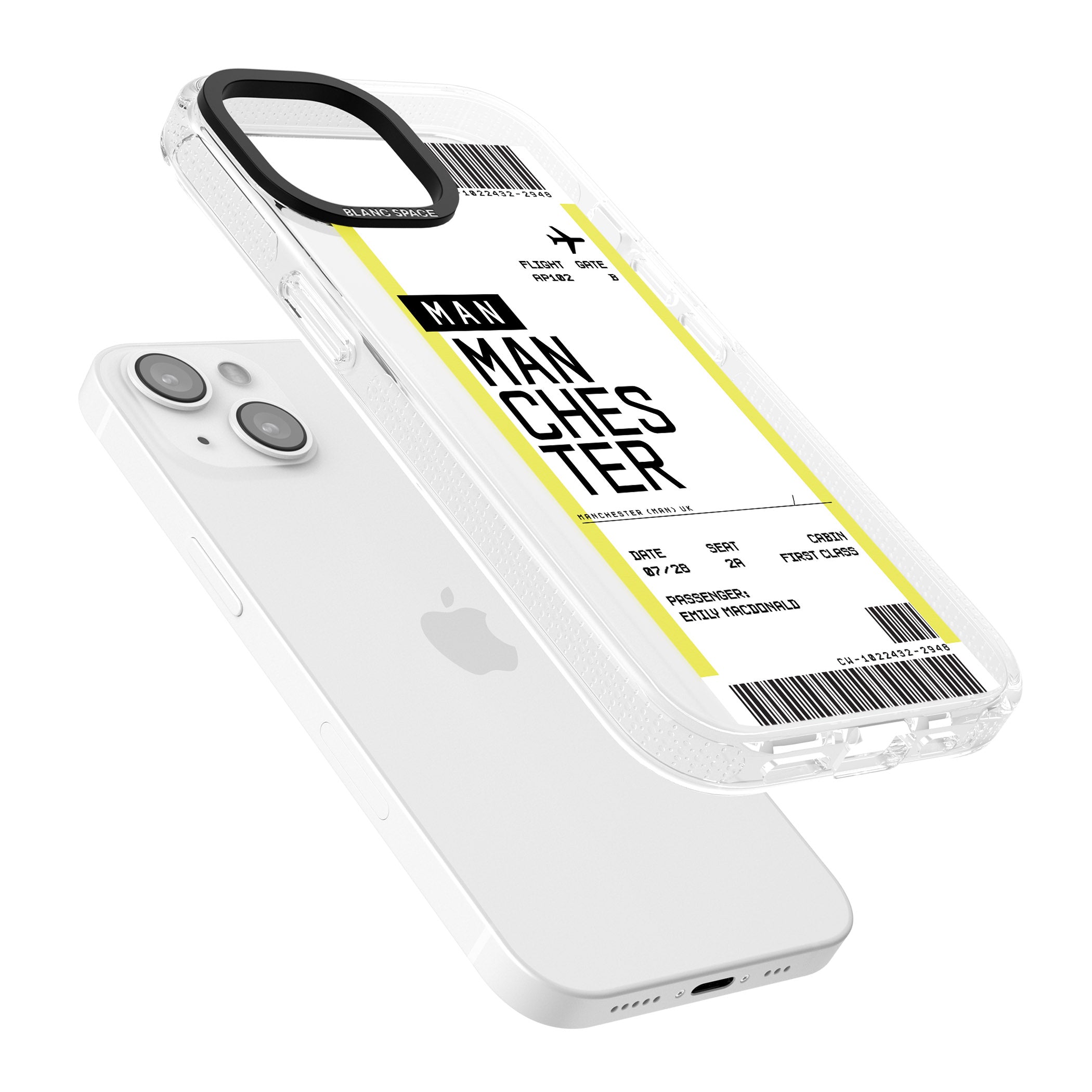 Personalised Manchester Boarding Pass iPhone 15 / 14 / 13 Clear Case Impact Air - Blanc Space