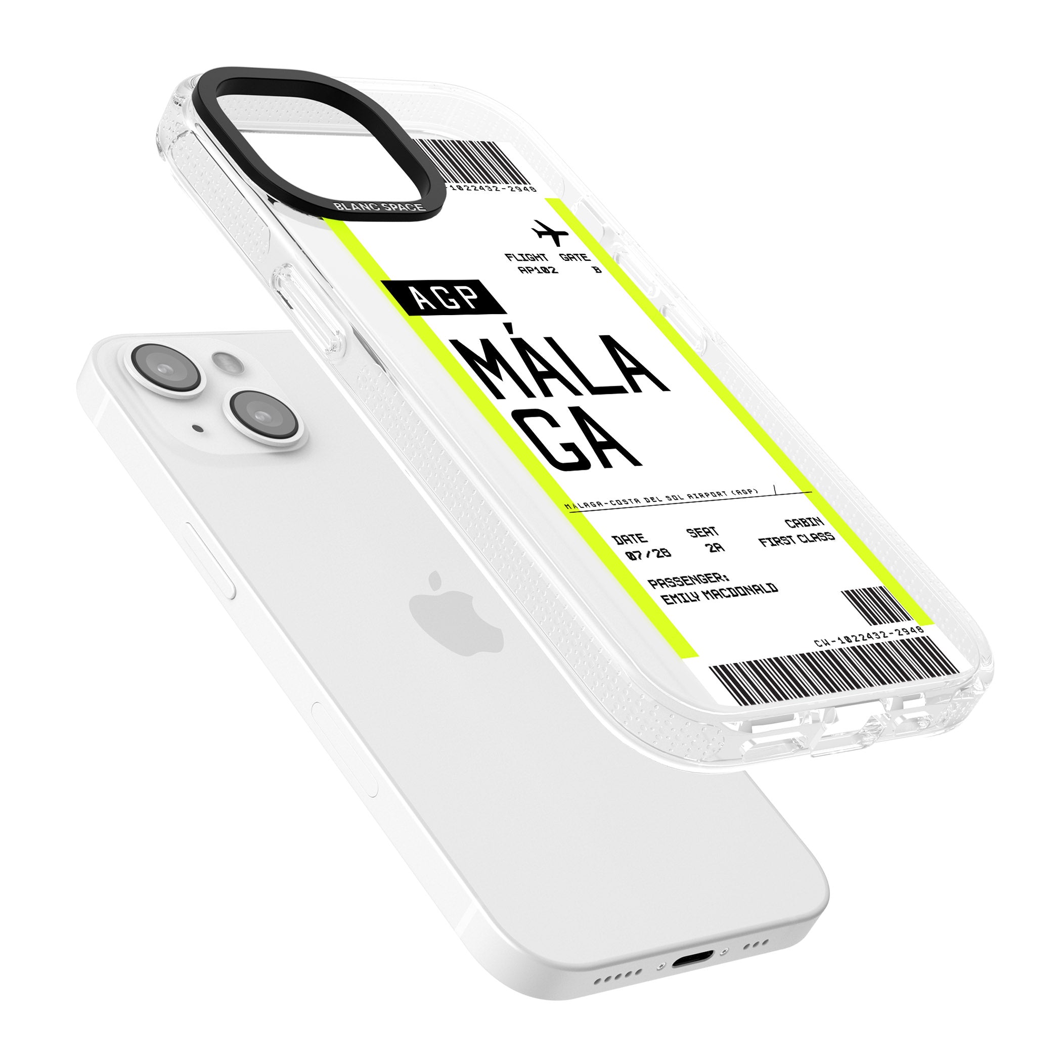 Personalised Málaga Boarding Pass iPhone 15 / 14 / 13 Clear Case Impact Air - Blanc Space