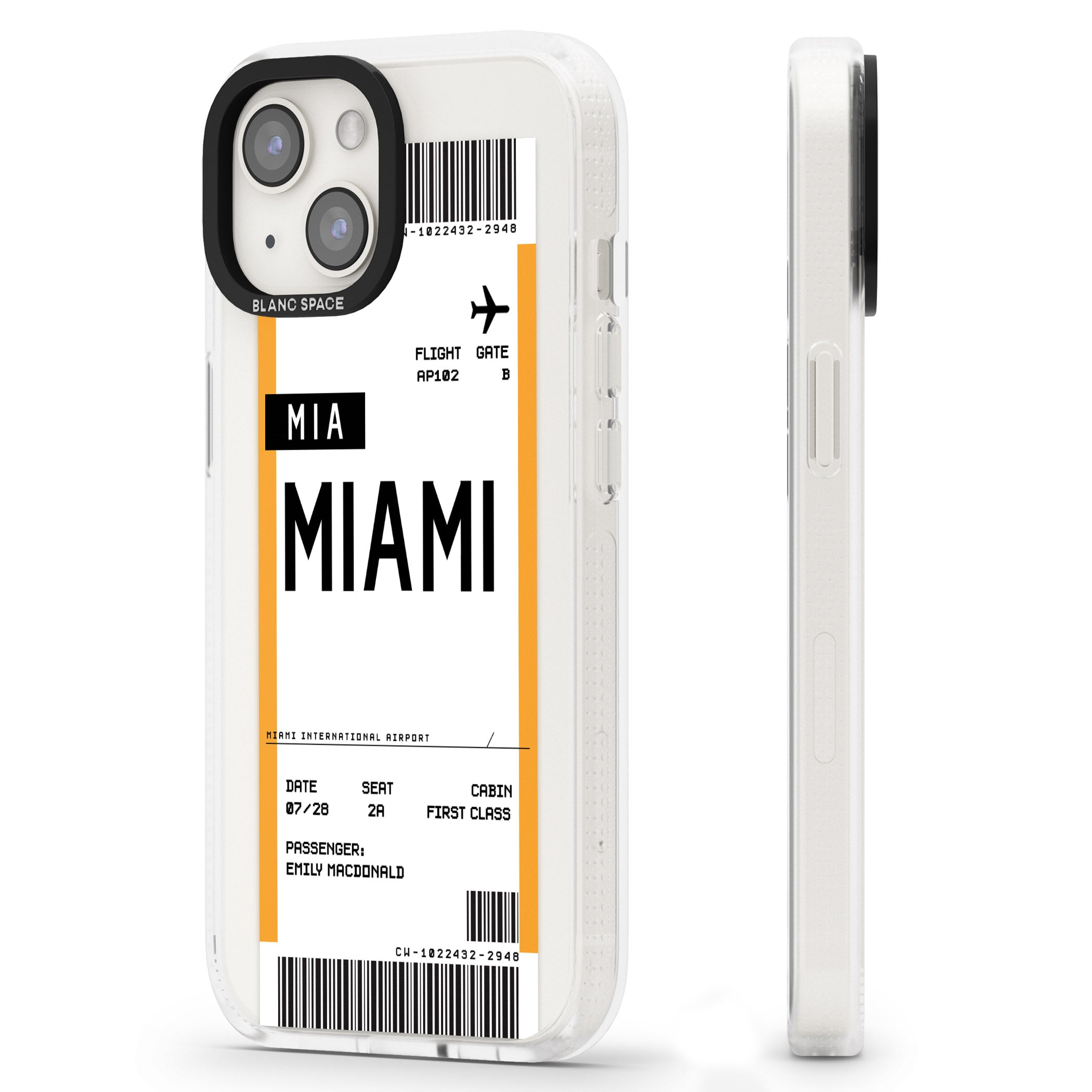Personalised Miami Boarding Pass iPhone 15 / 14 / 13 Clear Case Impact Air - Blanc Space