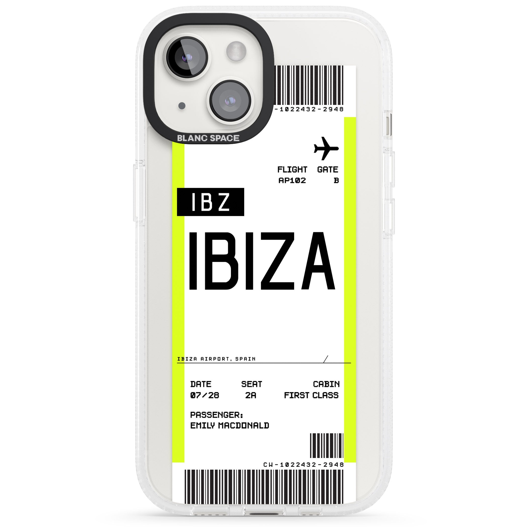 Personalised Ibiza Boarding Pass iPhone 15 / 14 / 13 Clear Case Impact Air - Blanc Space