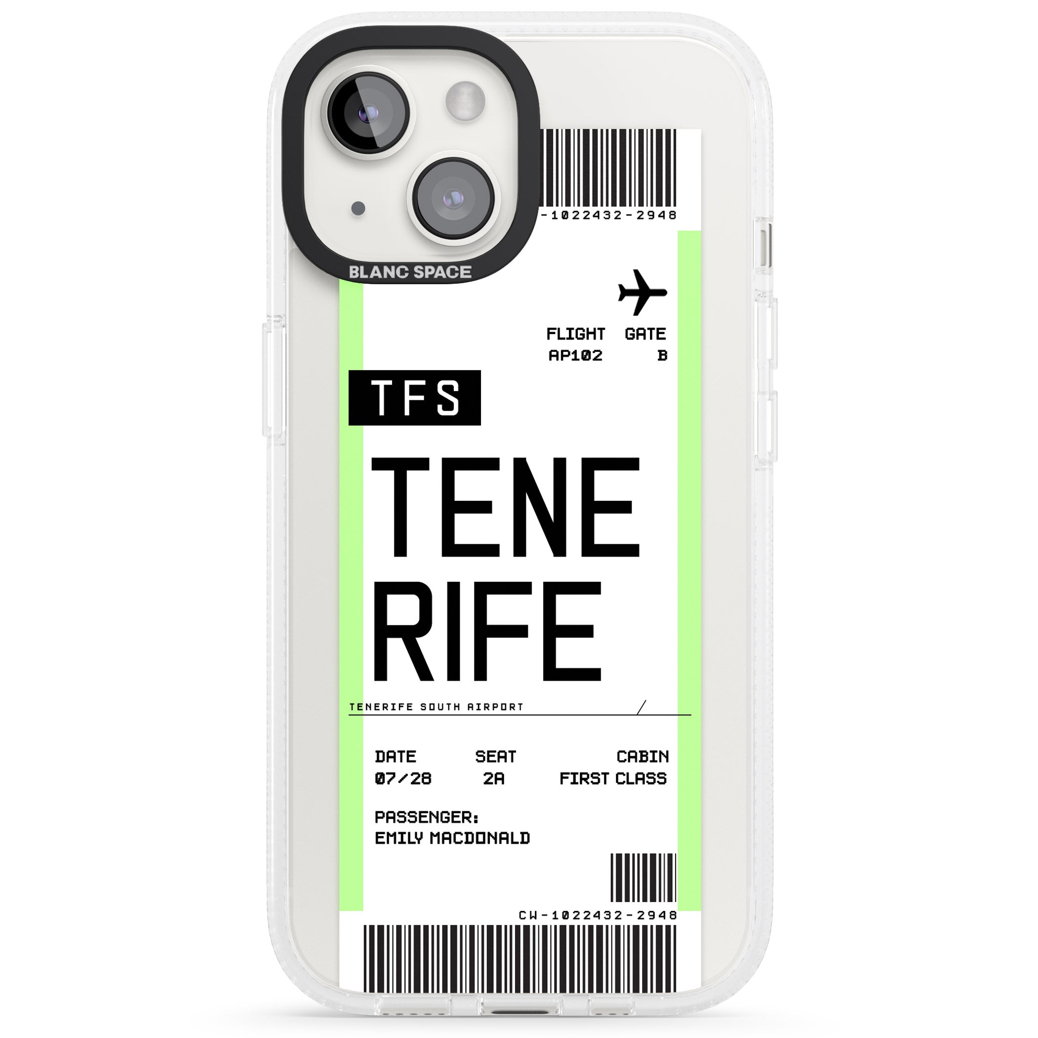 Personalised Tenerife Boarding Pass iPhone 15 / 14 / 13 Clear Case Impact Air - Blanc Space