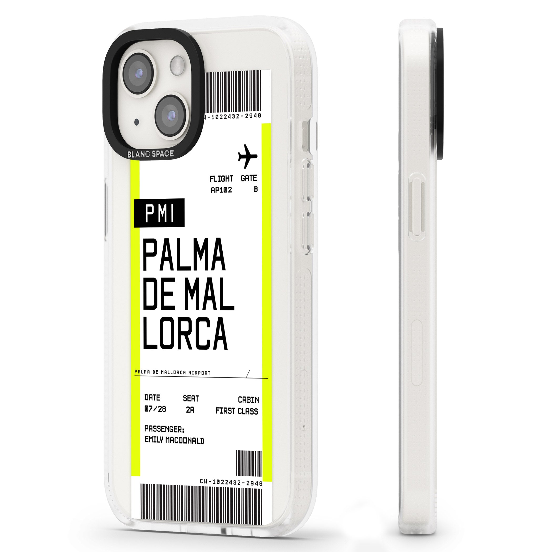 Personalised Palma De Mallorca Boarding Pass iPhone 15 / 14 / 13 Clear Case Impact Air - Blanc Space