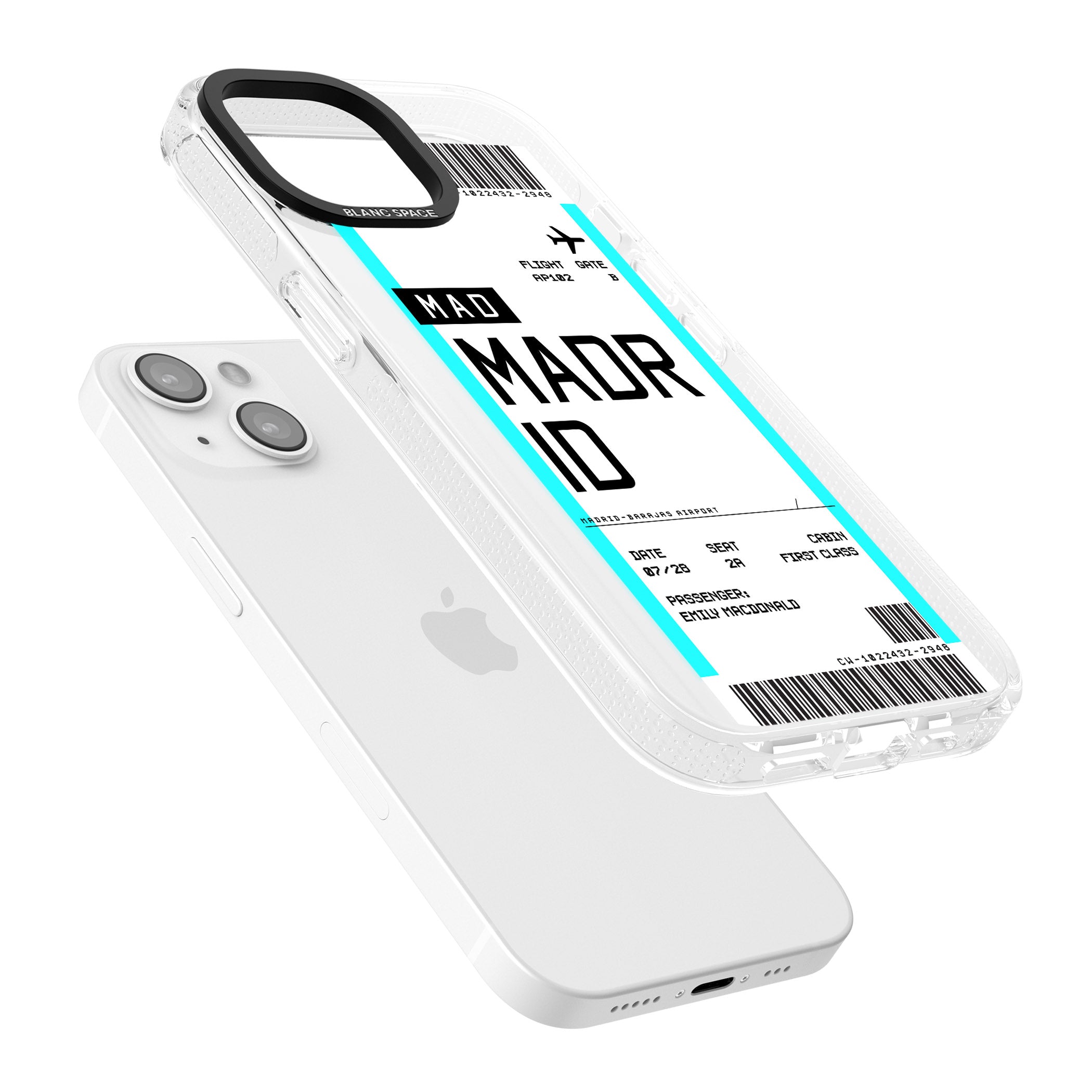 Personalised Madrid Boarding Pass iPhone 15 / 14 / 13 Clear Case Impact Air - Blanc Space