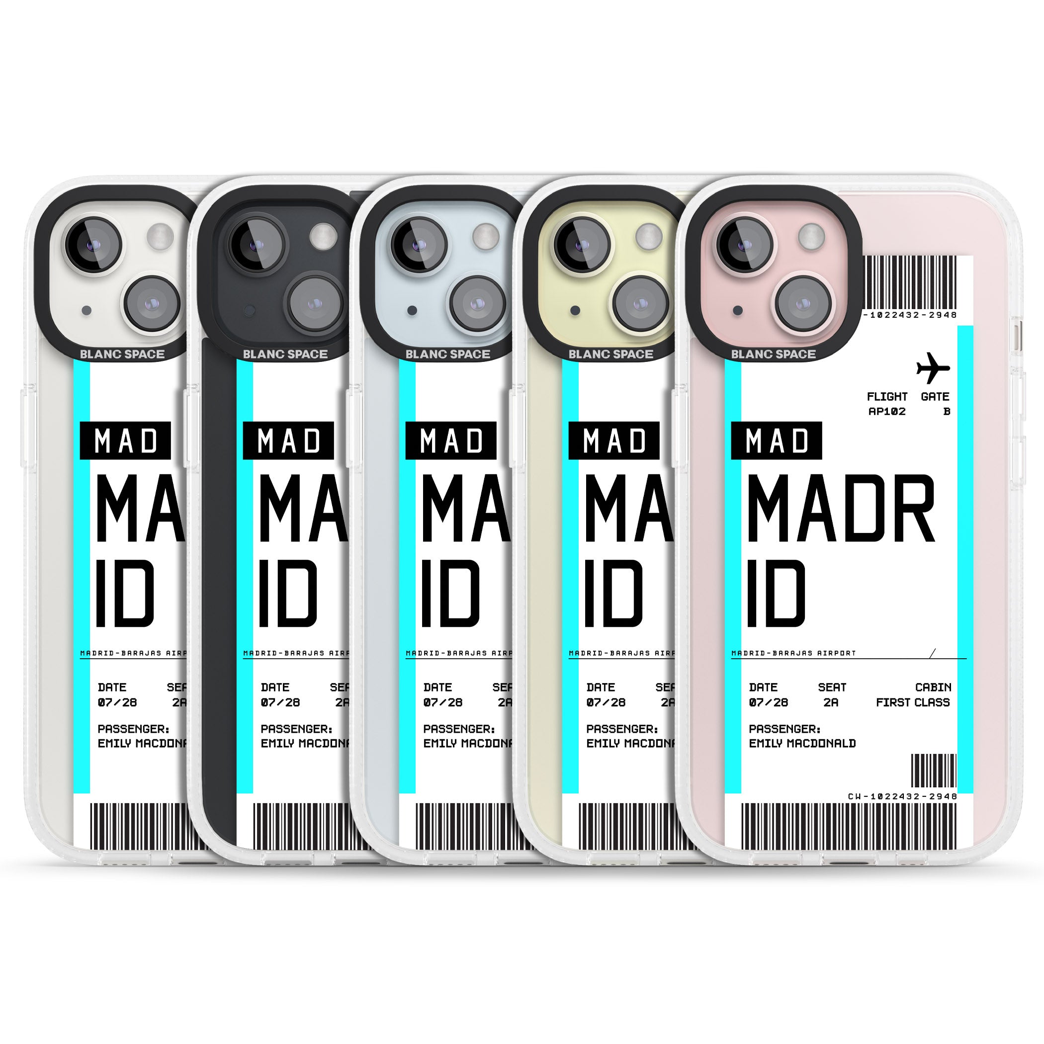 Personalised Madrid Boarding Pass iPhone 15 / 14 / 13 Clear Case Impact Air - Blanc Space
