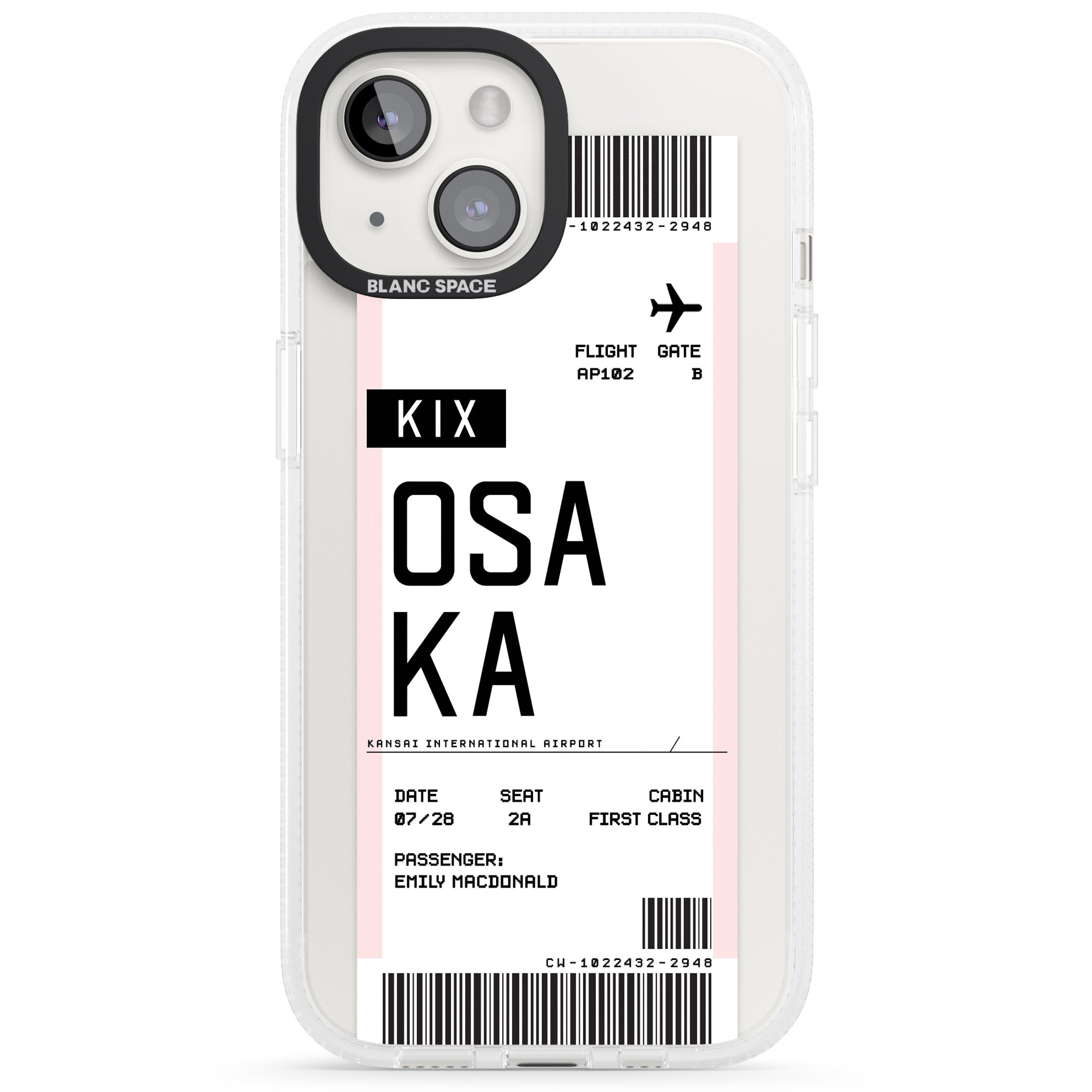 Personalised Osaka Boarding Pass iPhone 15 / 14 / 13 Clear Case Impact Air - Blanc Space