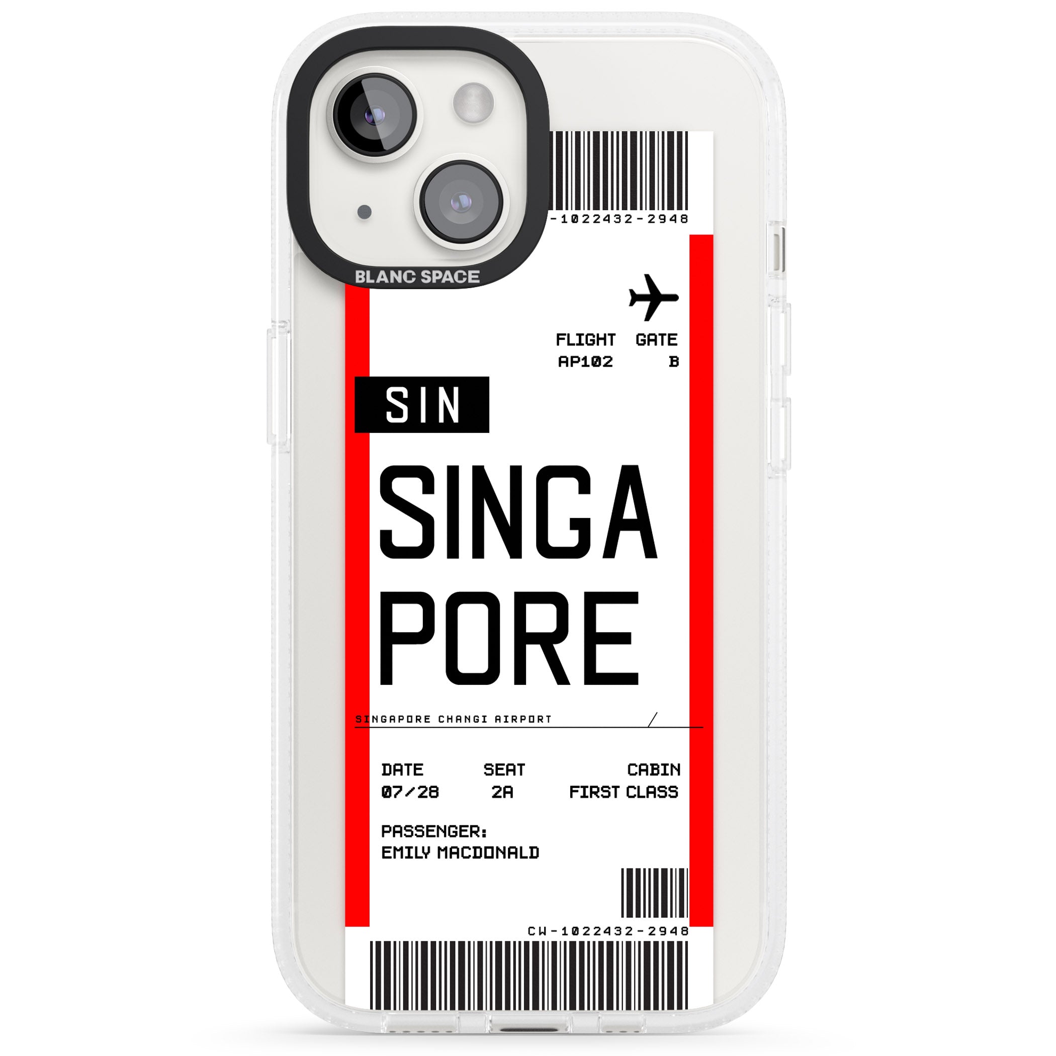 Personalised Singapore Boarding Pass iPhone 15 / 14 / 13 Clear Case Impact Air - Blanc Space