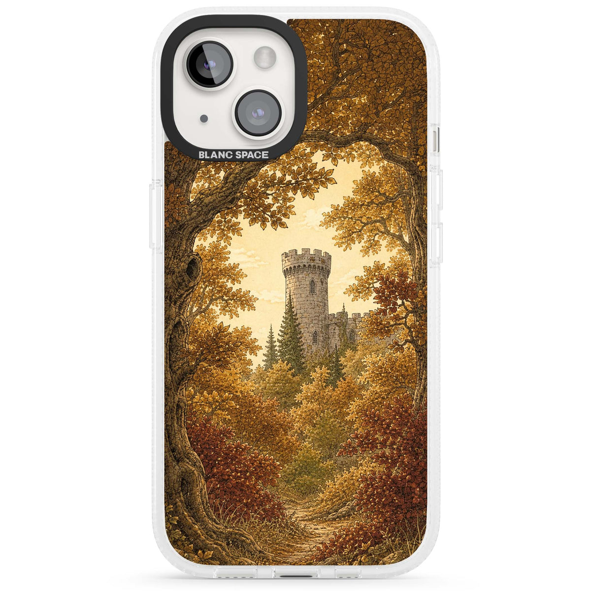 Autumn Keep cottagecore iPhone case featuring a medieval castle tower framed by golden autumn trees and woodland foliage | Clear Case Impact Air case for iPhone 15, iPhone 15 Plus