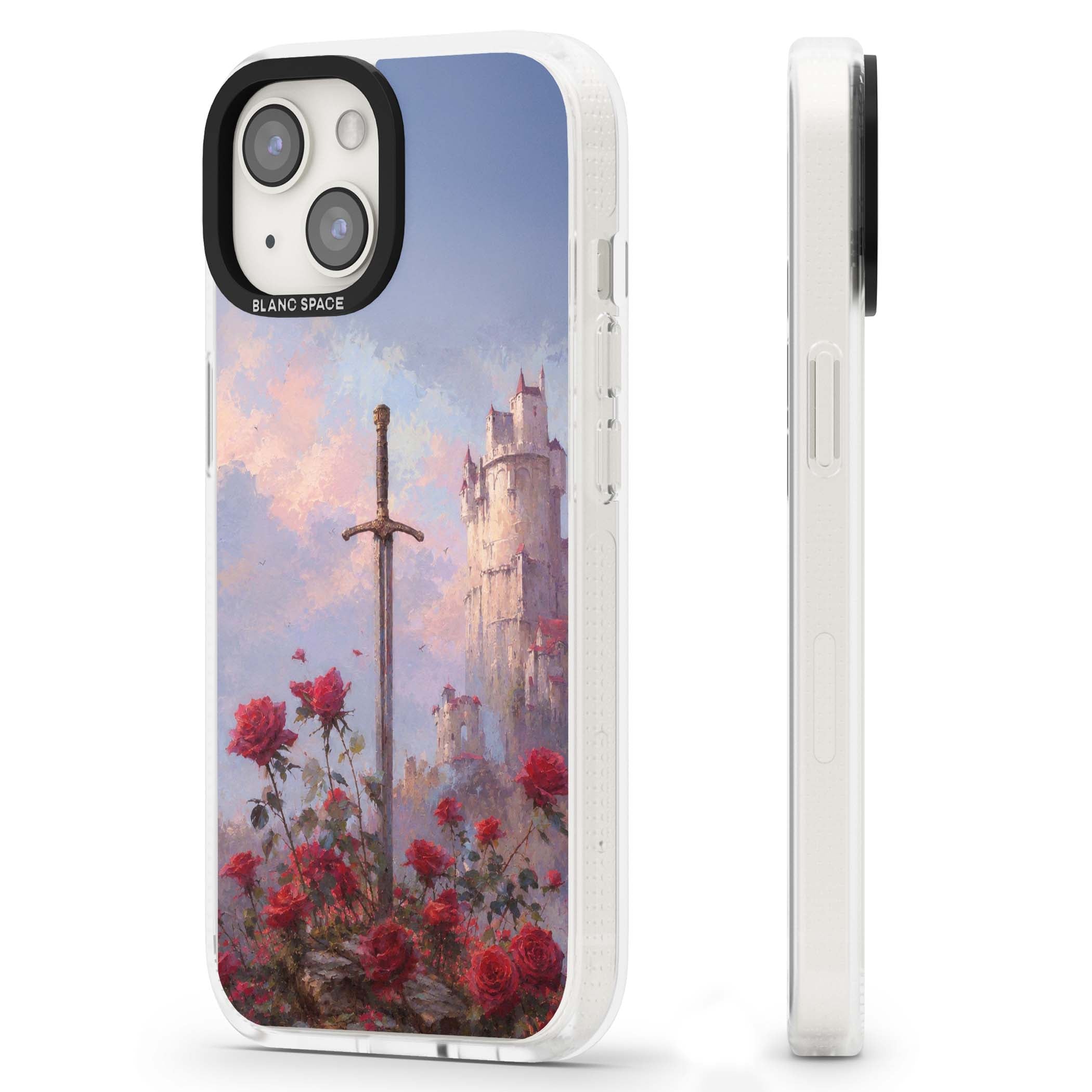 Sword in Roses medieval art iPhone case featuring a sword, red roses, and a misty fairytale castle at sunset | Clear Case Impact Air case for iPhone 15, iPhone 15 Plus