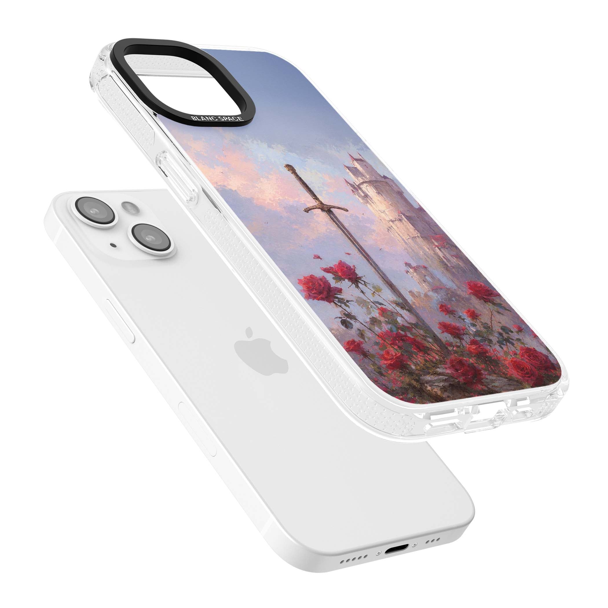 Sword in Roses medieval art iPhone case featuring a sword, red roses, and a misty fairytale castle at sunset | Clear Case Impact Air case for iPhone 15, iPhone 15 Plus