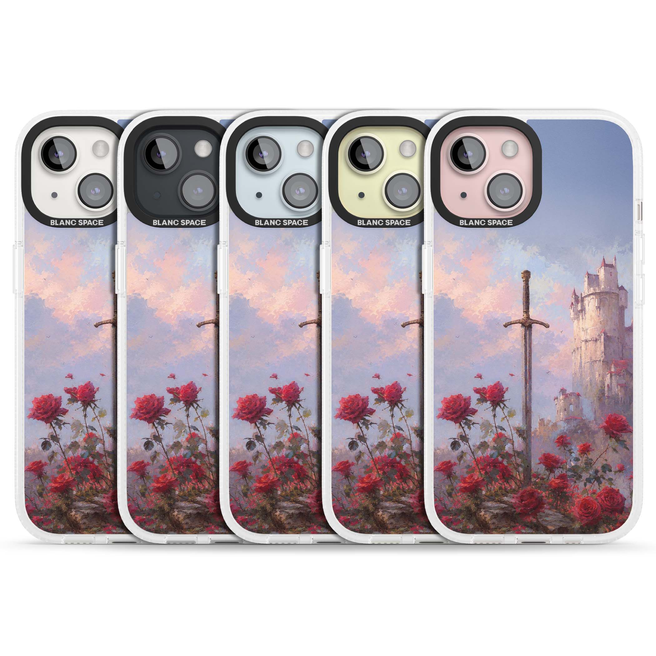 Sword in Roses medieval art iPhone case featuring a sword, red roses, and a misty fairytale castle at sunset | Clear Case Impact Air case for iPhone 15, iPhone 15 Plus