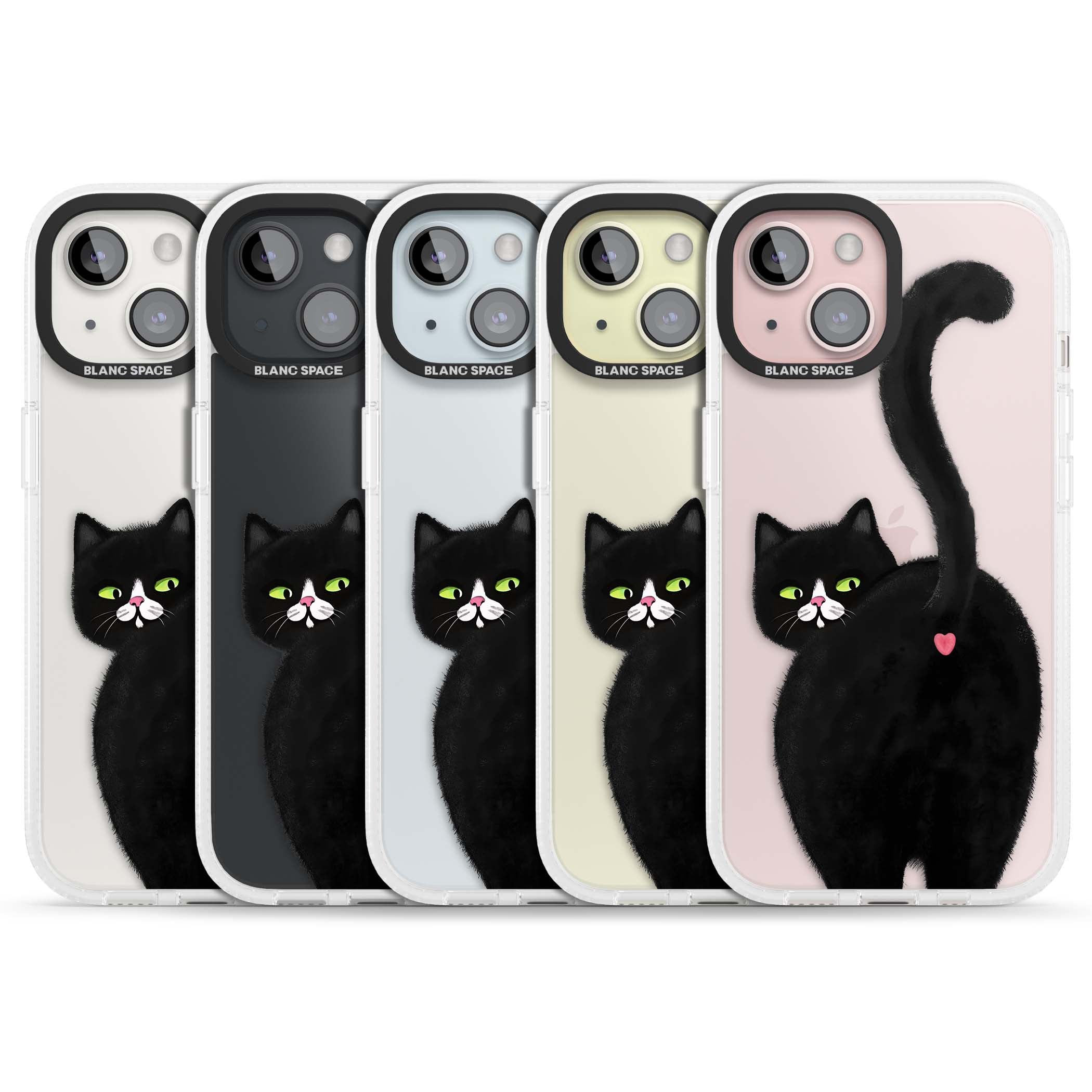 The Cat's Kiss cute cat iPhone case featuring a hand-painted tuxedo kitty with green eyes and a pink heart on a clear  | Clear Case Impact Air case for iPhone 15, iPhone 15 Plus
