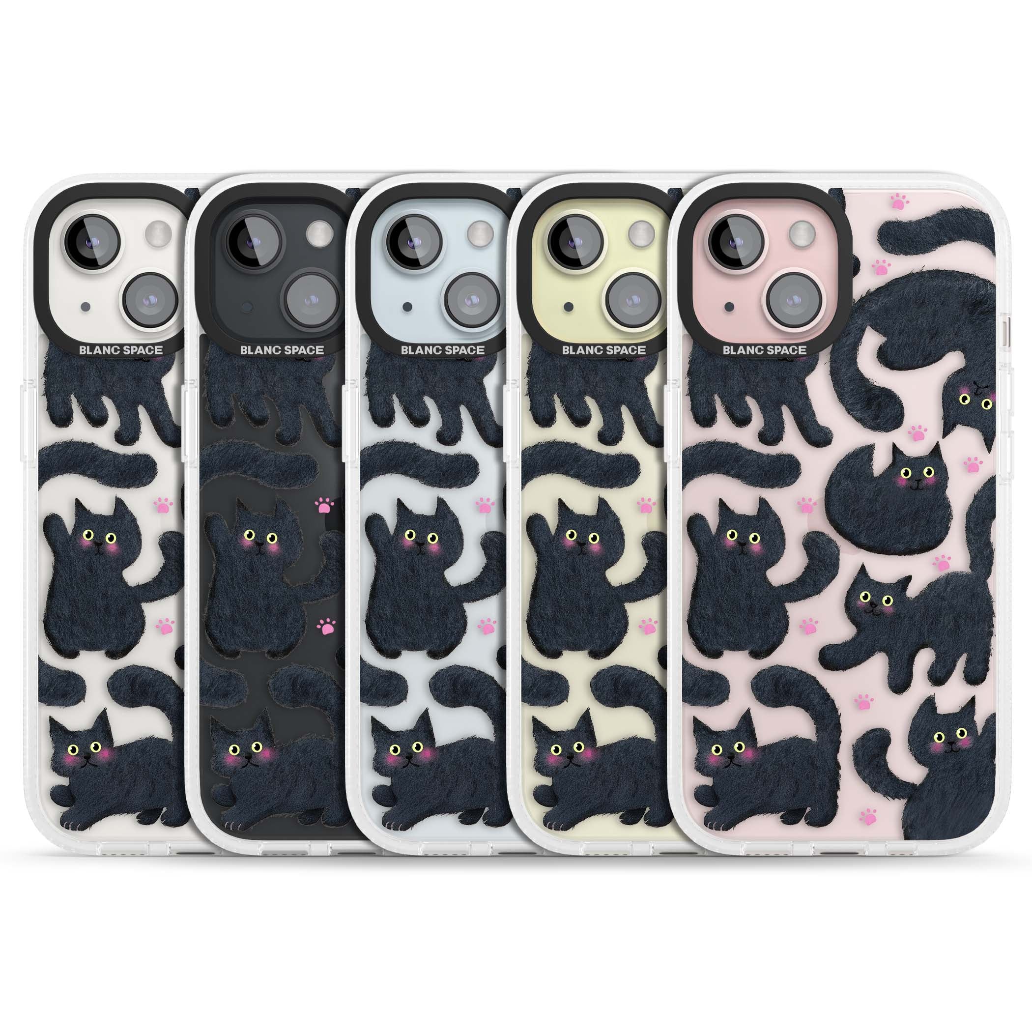 Midnight Cats cute iPhone case featuring black cat pattern with yellow eyes and pink paw prints | Clear Case Impact Air case for iPhone 15, iPhone 15 Plus
