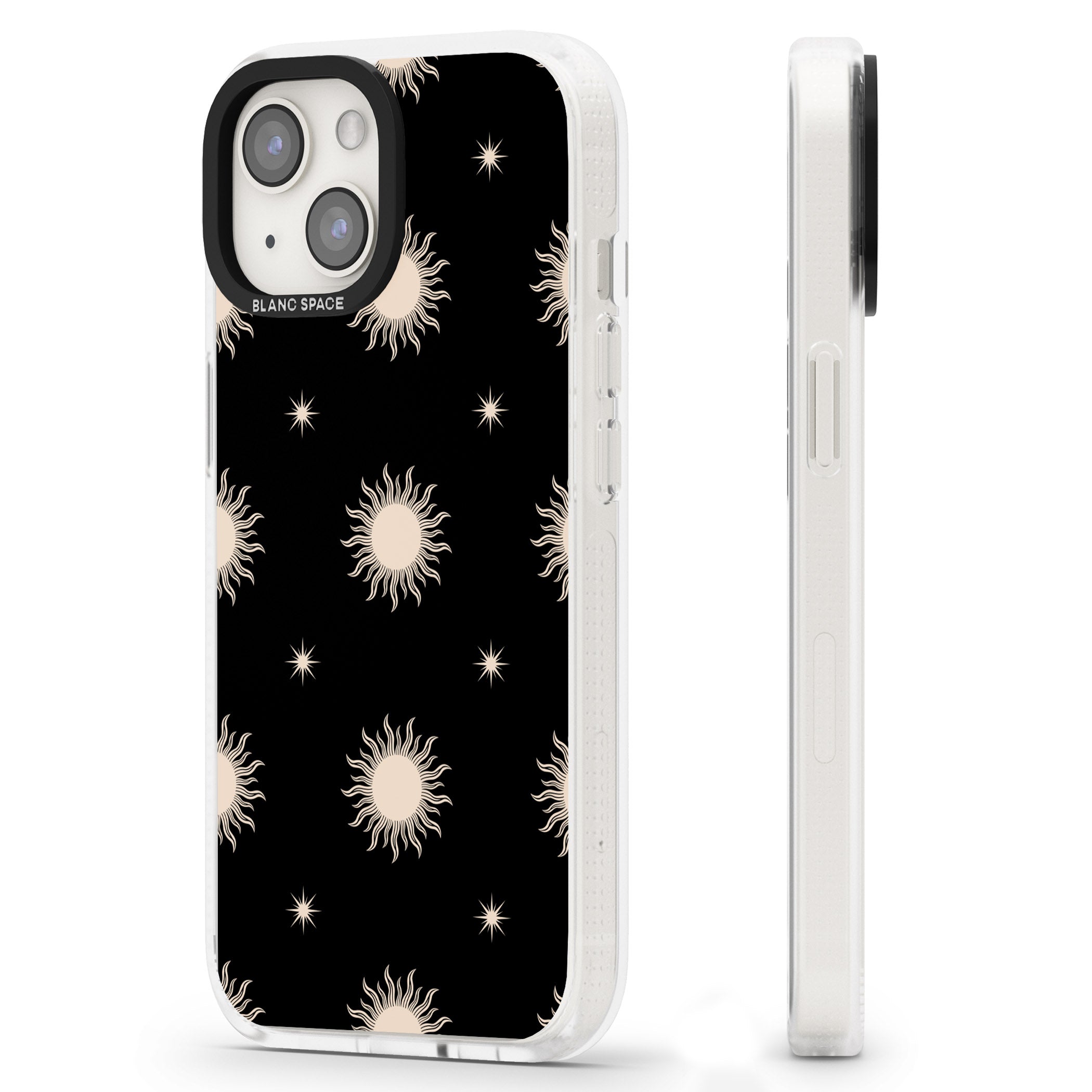 Celestial Patterns Classic Suns (Black) iPhone 15 / 14 / 13 Clear Case Impact Air - Blanc Space