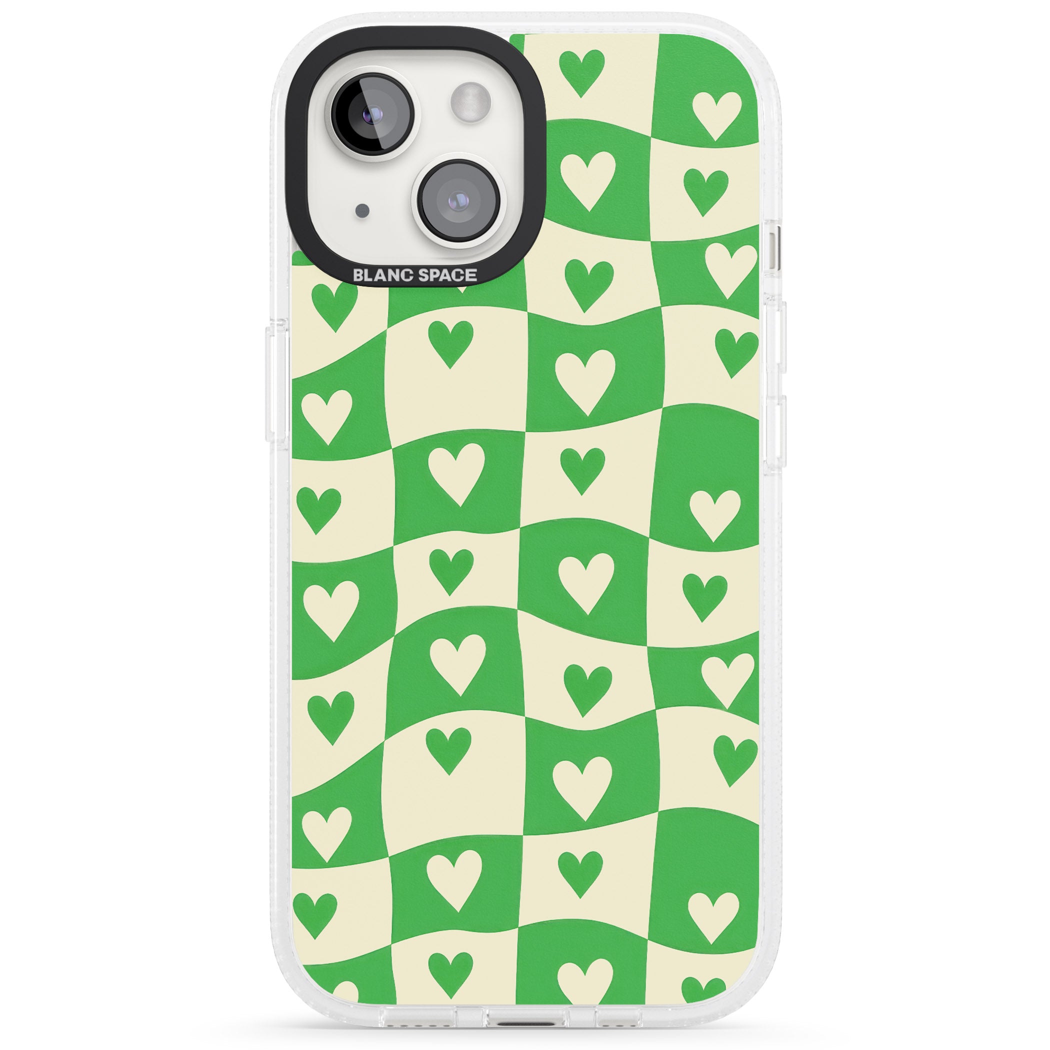 Green Wavy Checked & Hearts iPhone 15 / 14 / 13 Clear Case Impact Air - Blanc Space