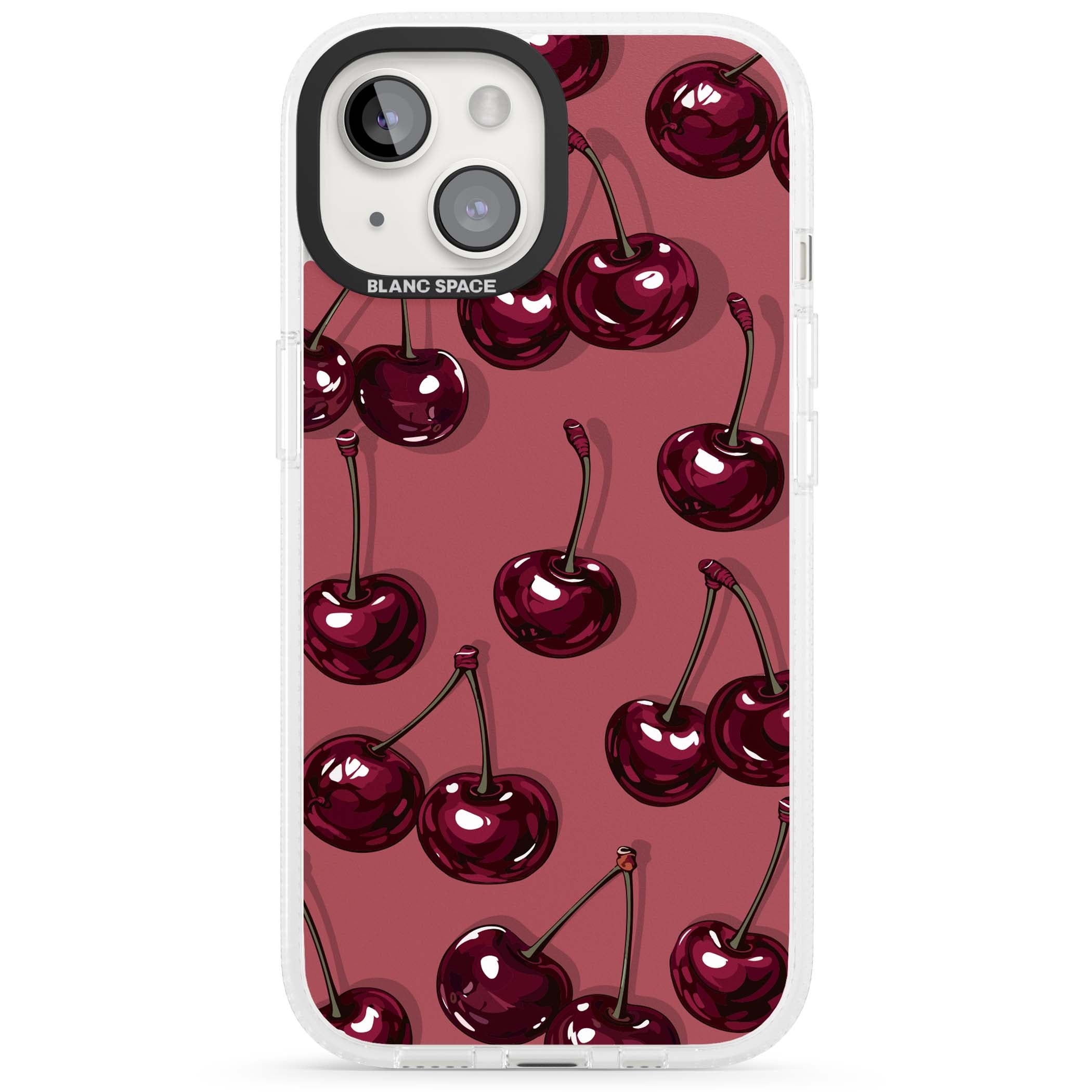 Cherry Rebel coquette iPhone case featuring glossy burgundy cherries on a dusty rose background | Clear Case Impact Air case for iPhone 15, iPhone 15 Plus
