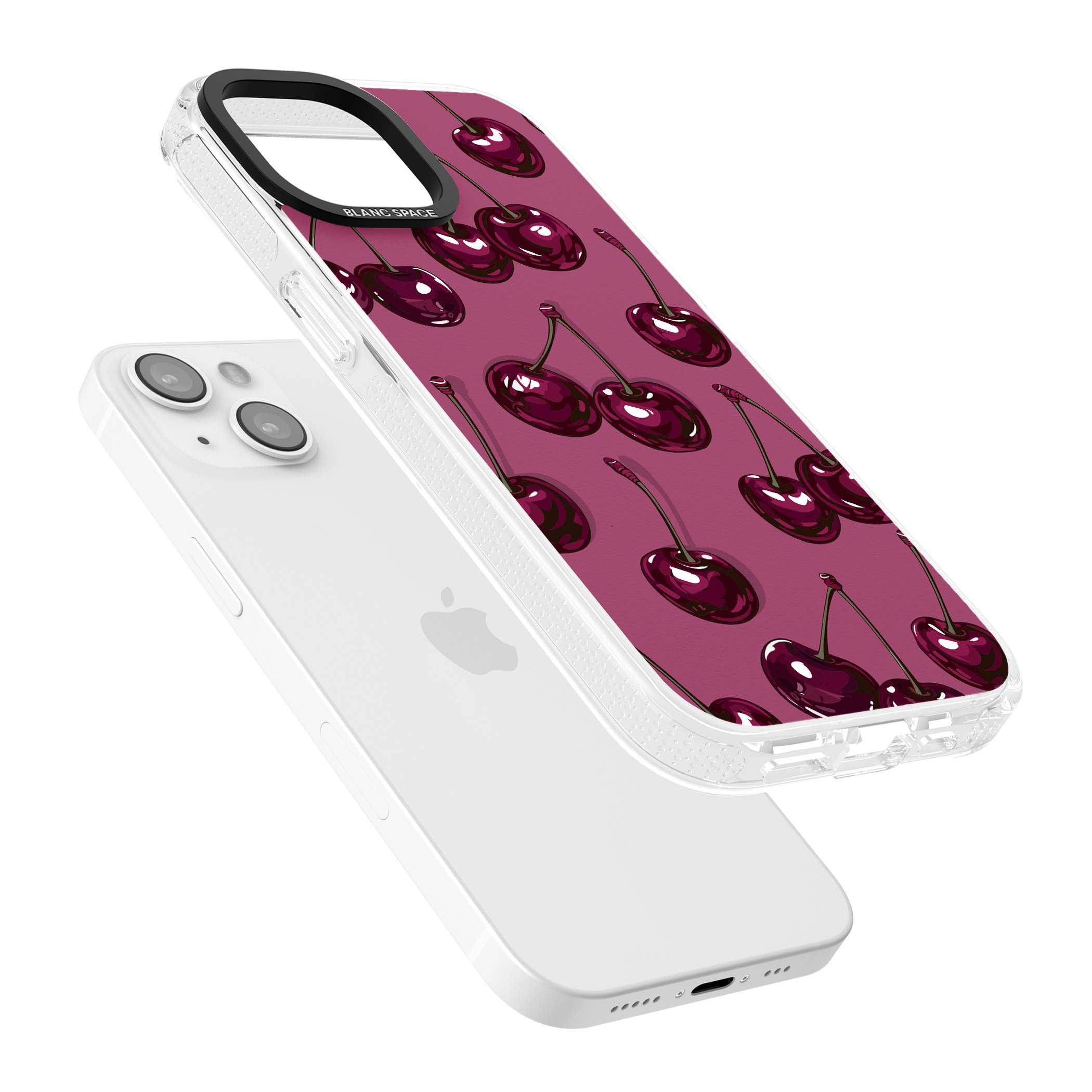 Cherry Soda coquette iPhone case featuring glossy burgundy cherries on a dusty pink background | Clear Case Impact Air case for iPhone 15, iPhone 15 Plus