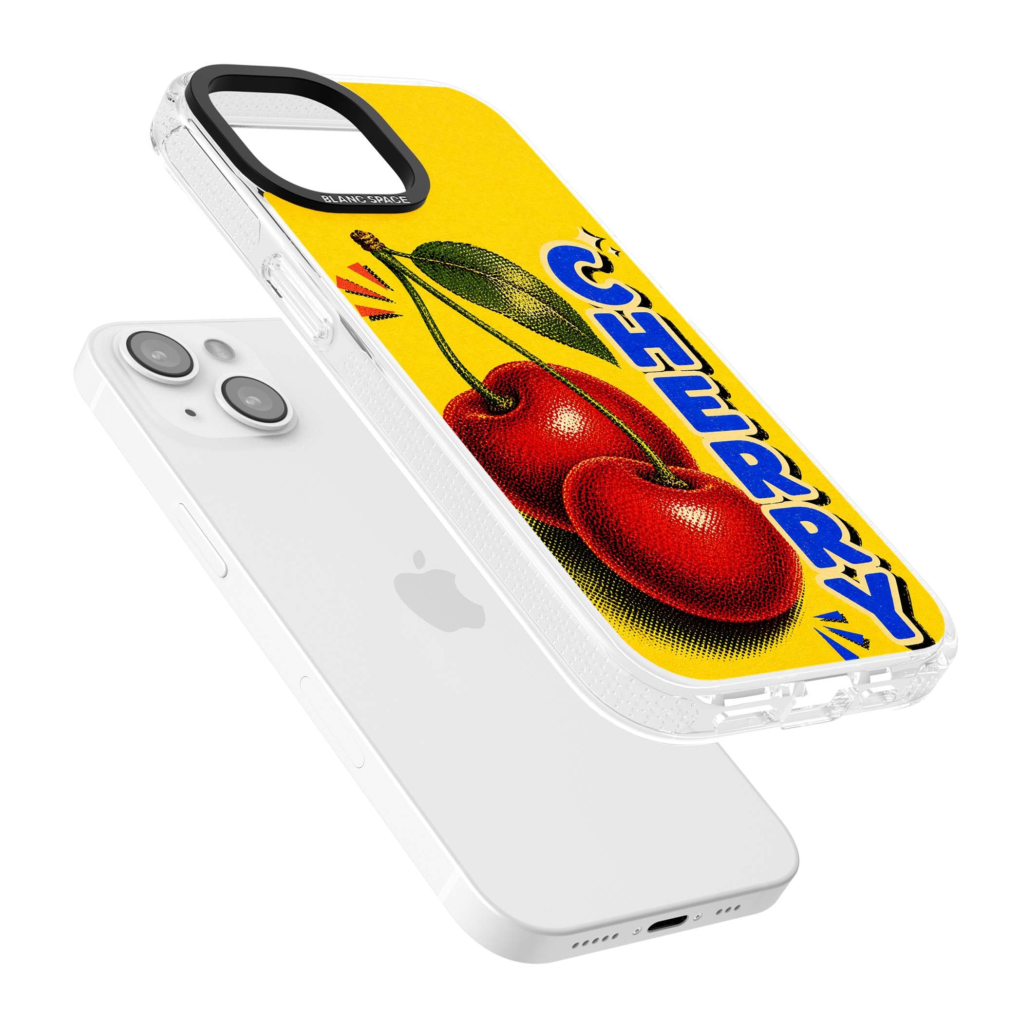 Cherry Yellow y2k iPhone case featuring two red cherries, halftone shading and bold blue CHERRY lettering on yellow | Clear Case Impact Air case for iPhone 15, iPhone 15 Plus