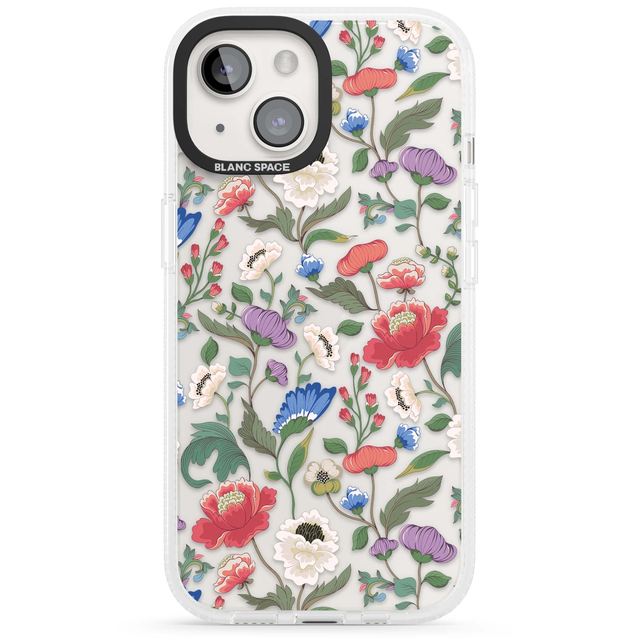 Chinoiserie Bloom vintage floral iPhone case featuring hand-painted peonies, poppies and trailing wildflowers on clear... | Clear Case Impact Air case for iPhone 15, iPhone 15 Plus