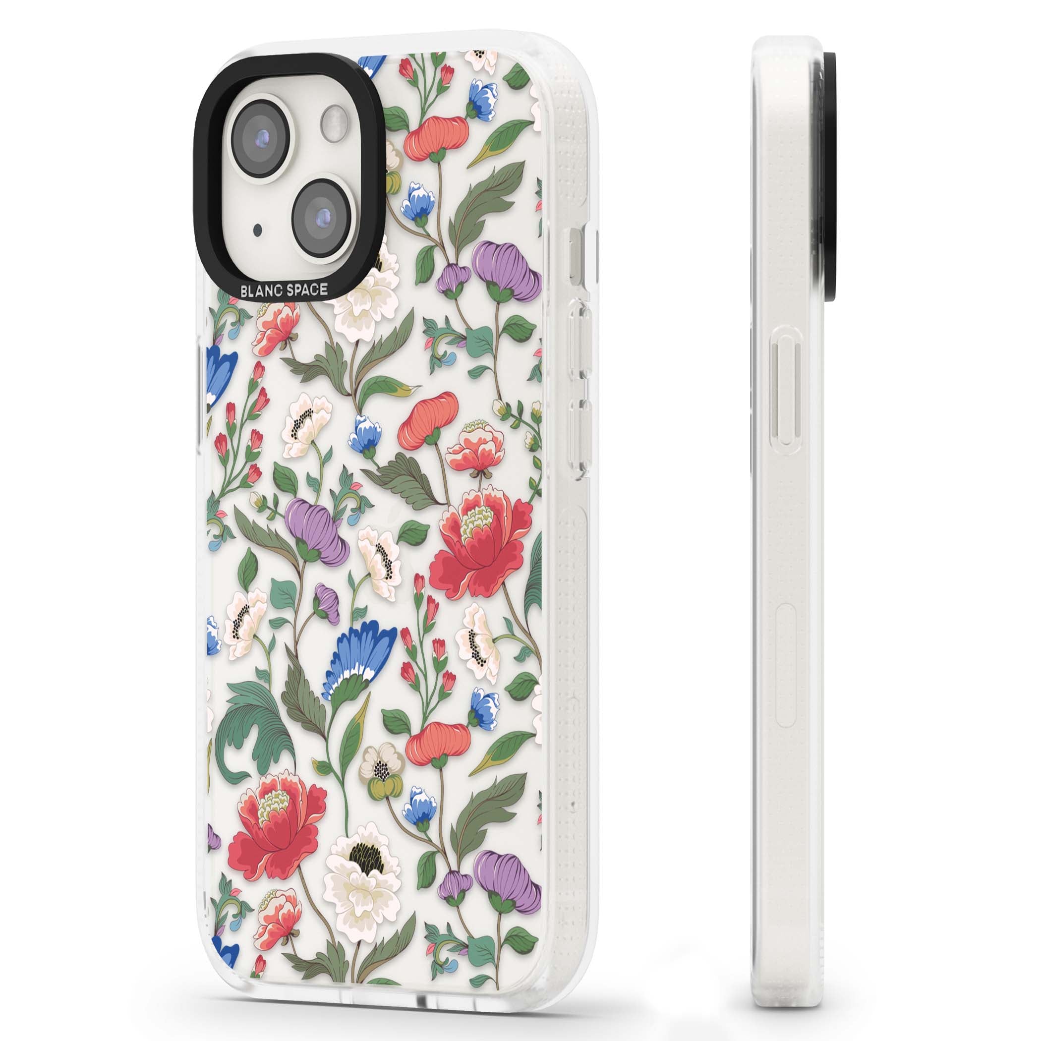 Chinoiserie Bloom vintage floral iPhone case featuring hand-painted peonies, poppies and trailing wildflowers on clear... | Clear Case Impact Air case for iPhone 15, iPhone 15 Plus