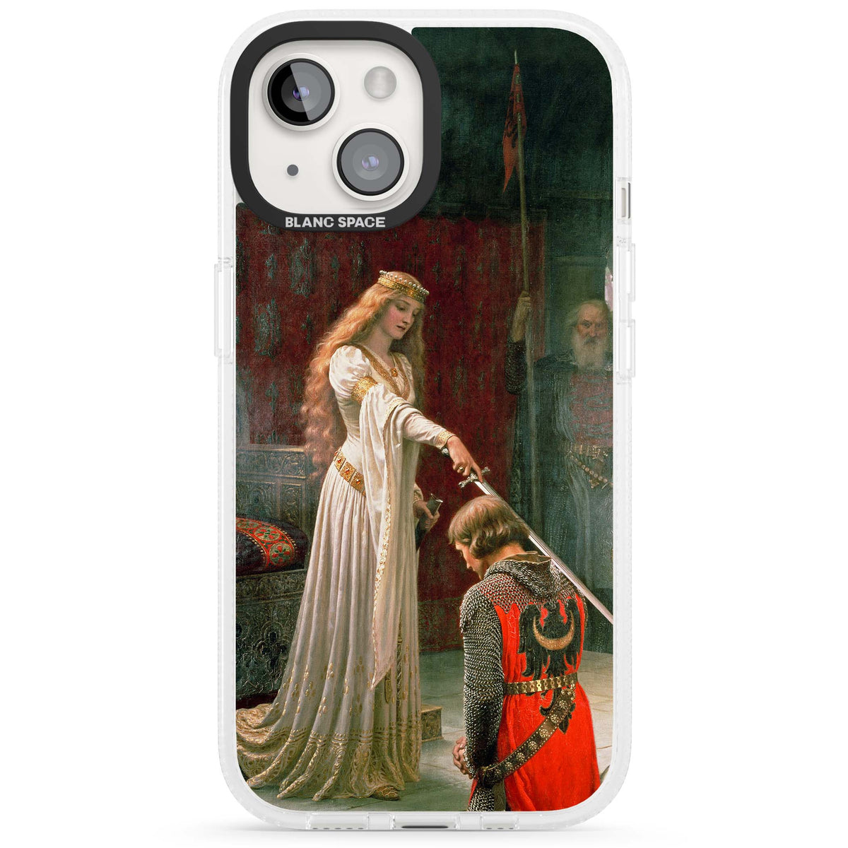 The Accolade renaissance art iPhone case featuring Edmund Blair Leighton's painting of a queen knighting a kneeling knight | Clear Case Impact Air case for iPhone 15, iPhone 15 Plus