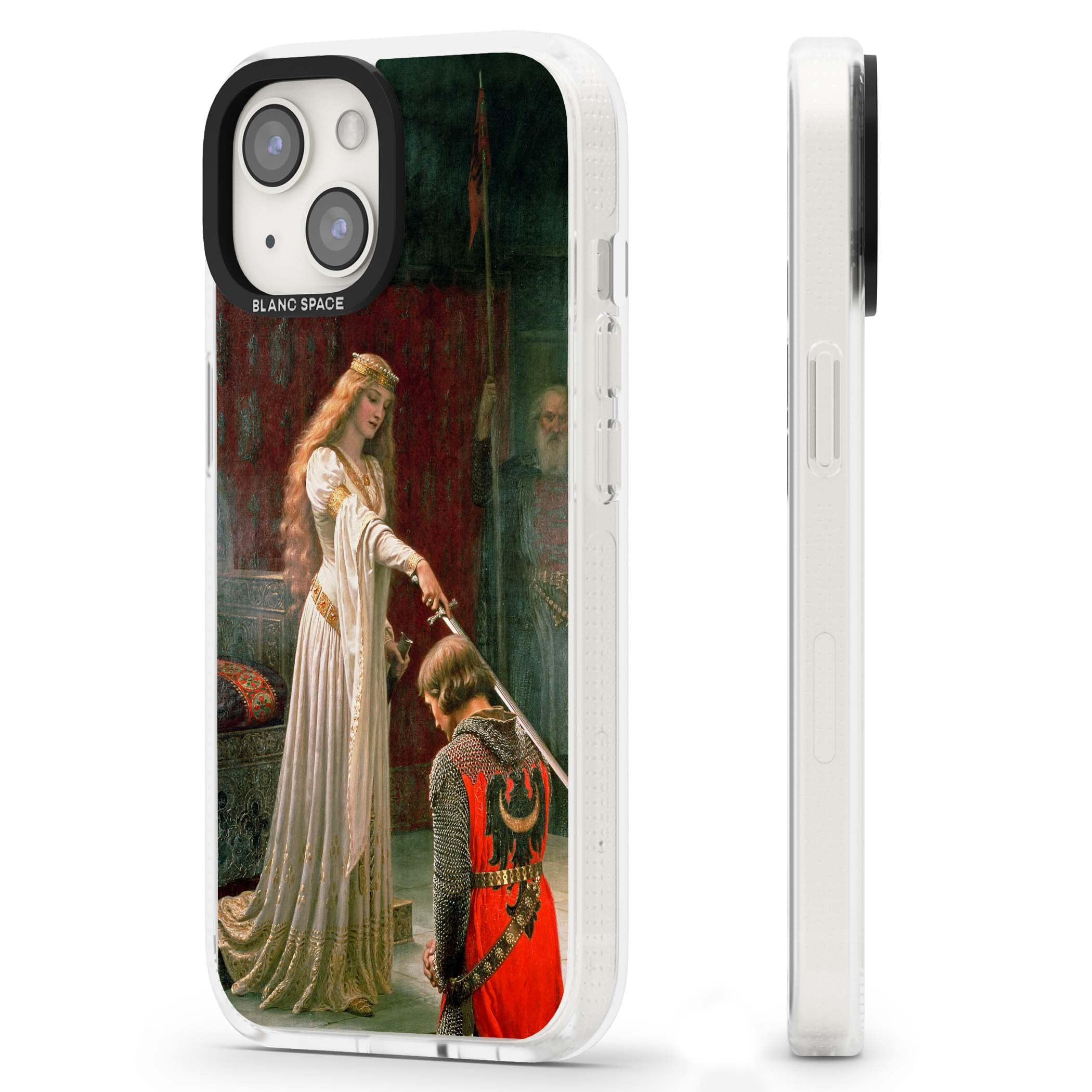 The Accolade renaissance art iPhone case featuring Edmund Blair Leighton's painting of a queen knighting a kneeling knight | Clear Case Impact Air case for iPhone 15, iPhone 15 Plus