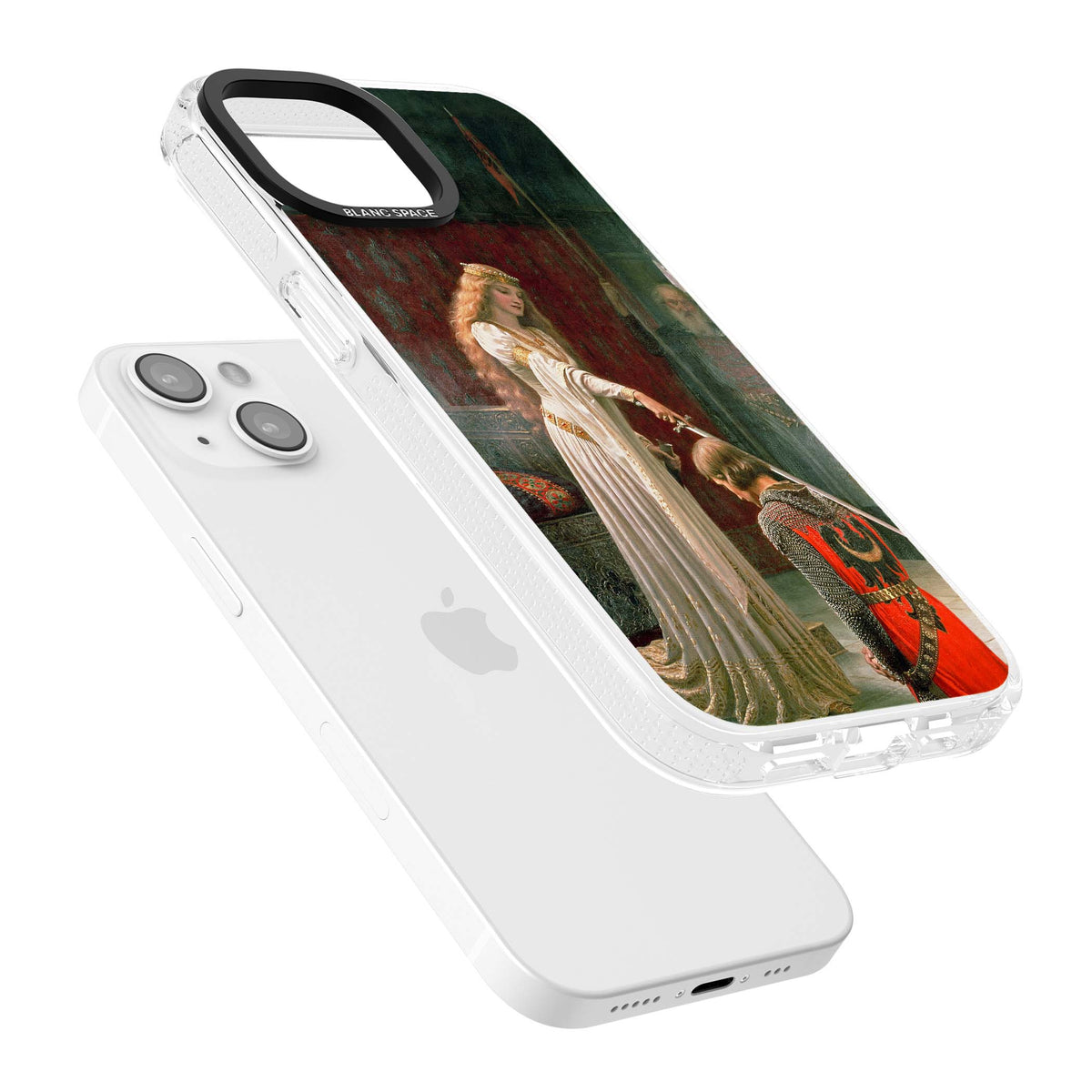 The Accolade renaissance art iPhone case featuring Edmund Blair Leighton's painting of a queen knighting a kneeling knight | Clear Case Impact Air case for iPhone 15, iPhone 15 Plus