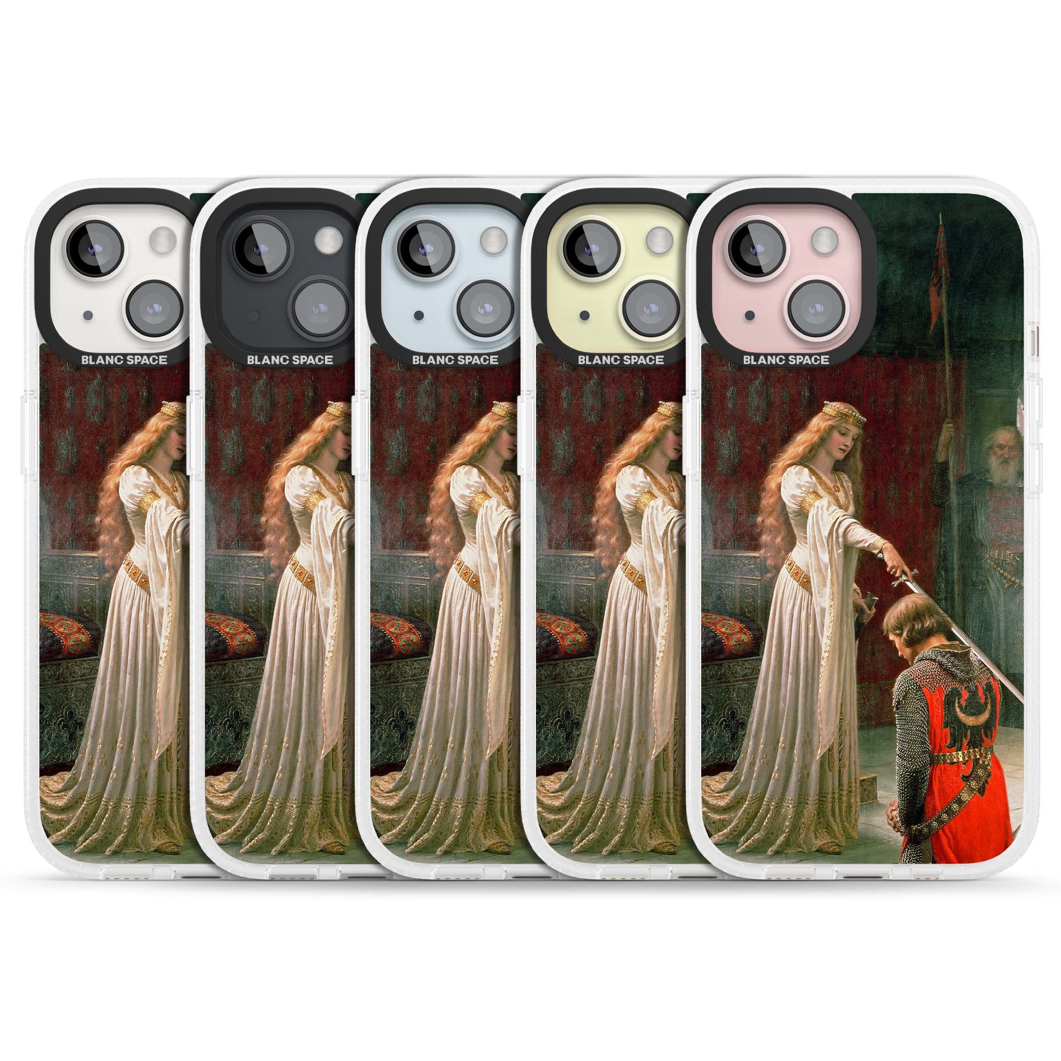 The Accolade renaissance art iPhone case featuring Edmund Blair Leighton's painting of a queen knighting a kneeling knight | Clear Case Impact Air case for iPhone 15, iPhone 15 Plus