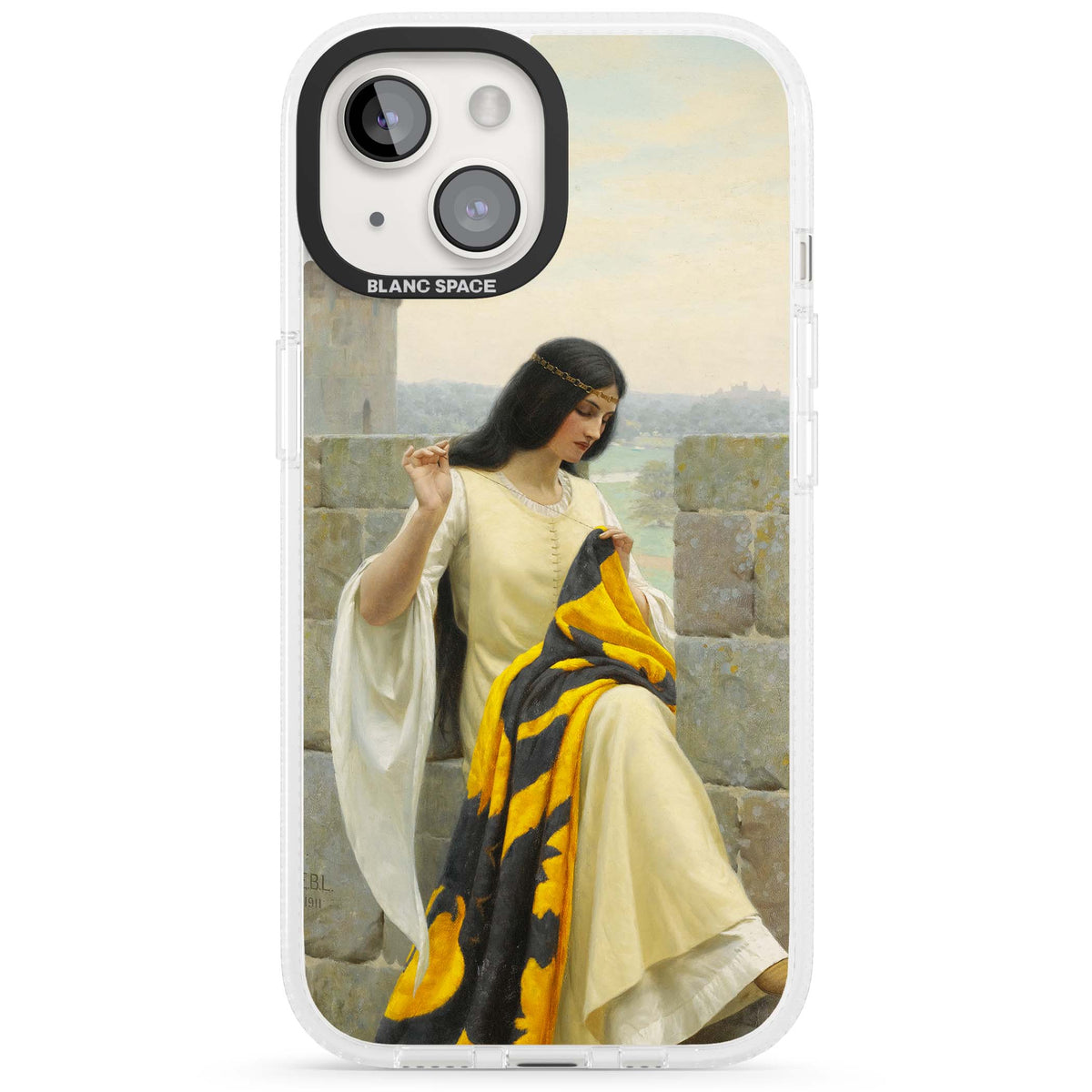 Stitching the Standard renaissance art iPhone case featuring a medieval lady sewing a golden banner on a castle wall | Clear Case Impact Air case for iPhone 15, iPhone 15 Plus