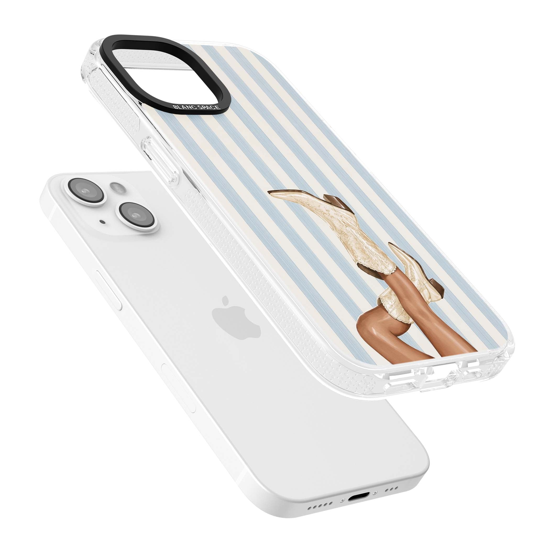 Cowgirl Boots coastal cowgirl iPhone case featuring embroidered western boots, tanned legs and a blue stripe backdrop | Clear Case Impact Air case for iPhone 15, iPhone 15 Plus