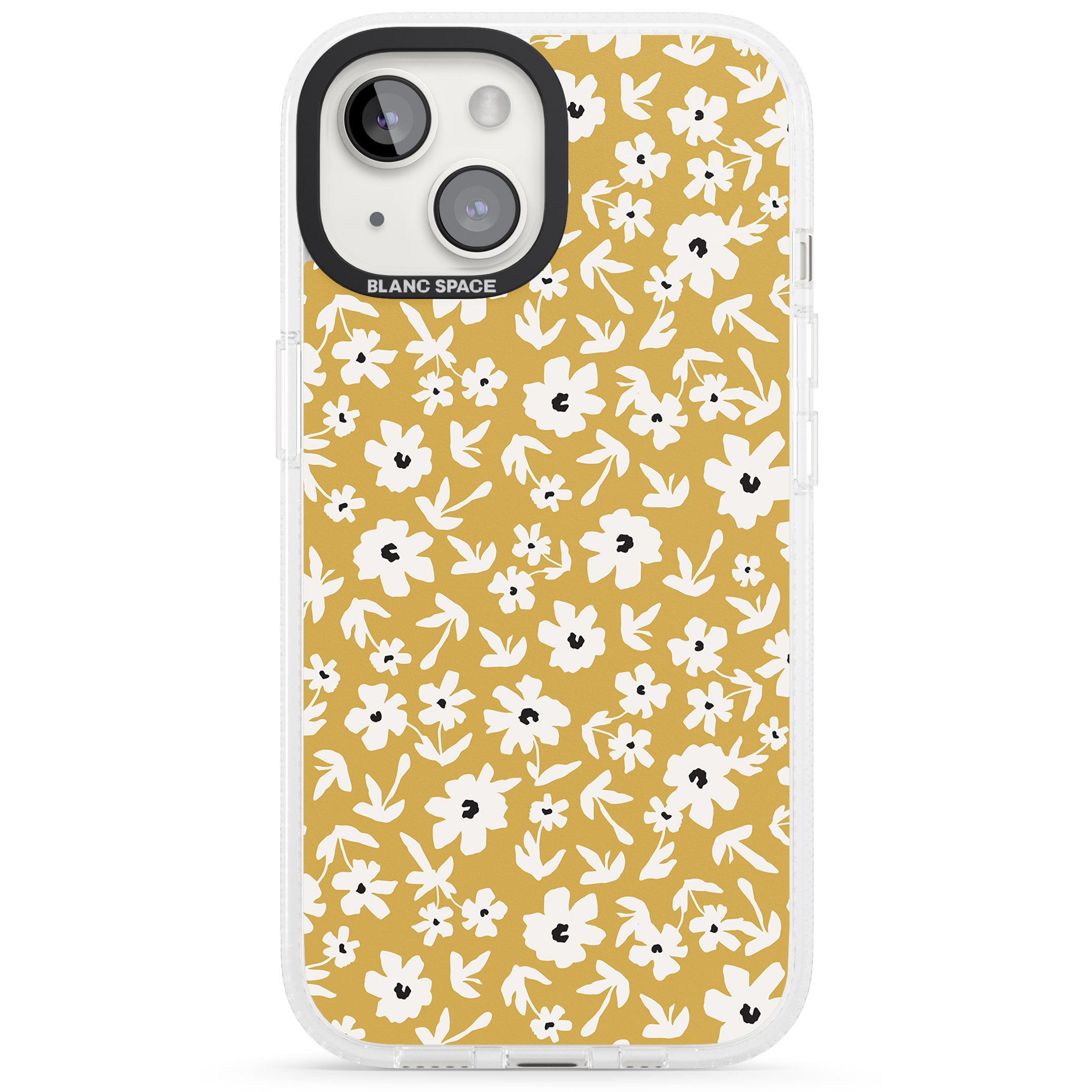 Floral Print on Mustard Cute Floral iPhone 15 / 14 / 13 Clear Case Impact Air - Blanc Space