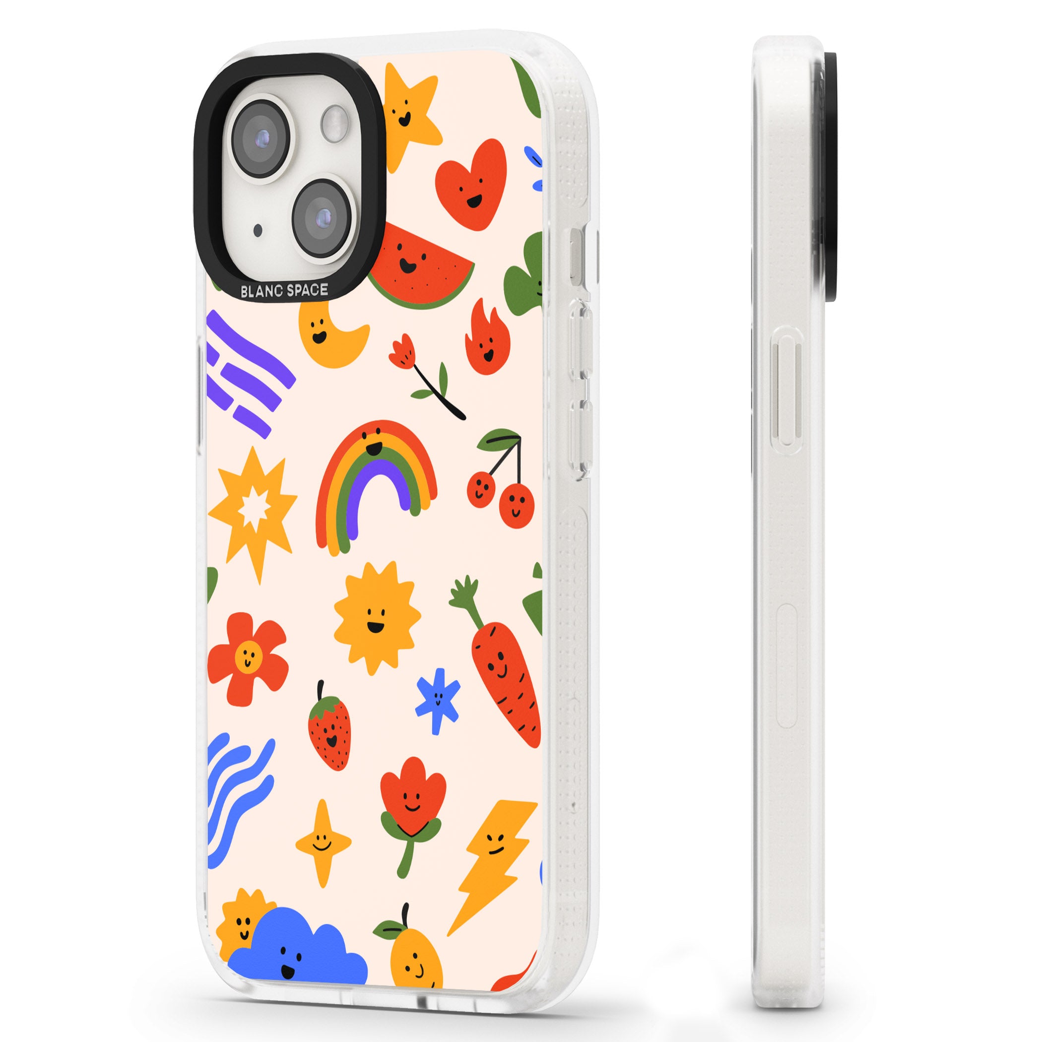 Mixed Large Kawaii Icons - Solid iPhone 15 / 14 / 13 Clear Case Impact Air - Blanc Space