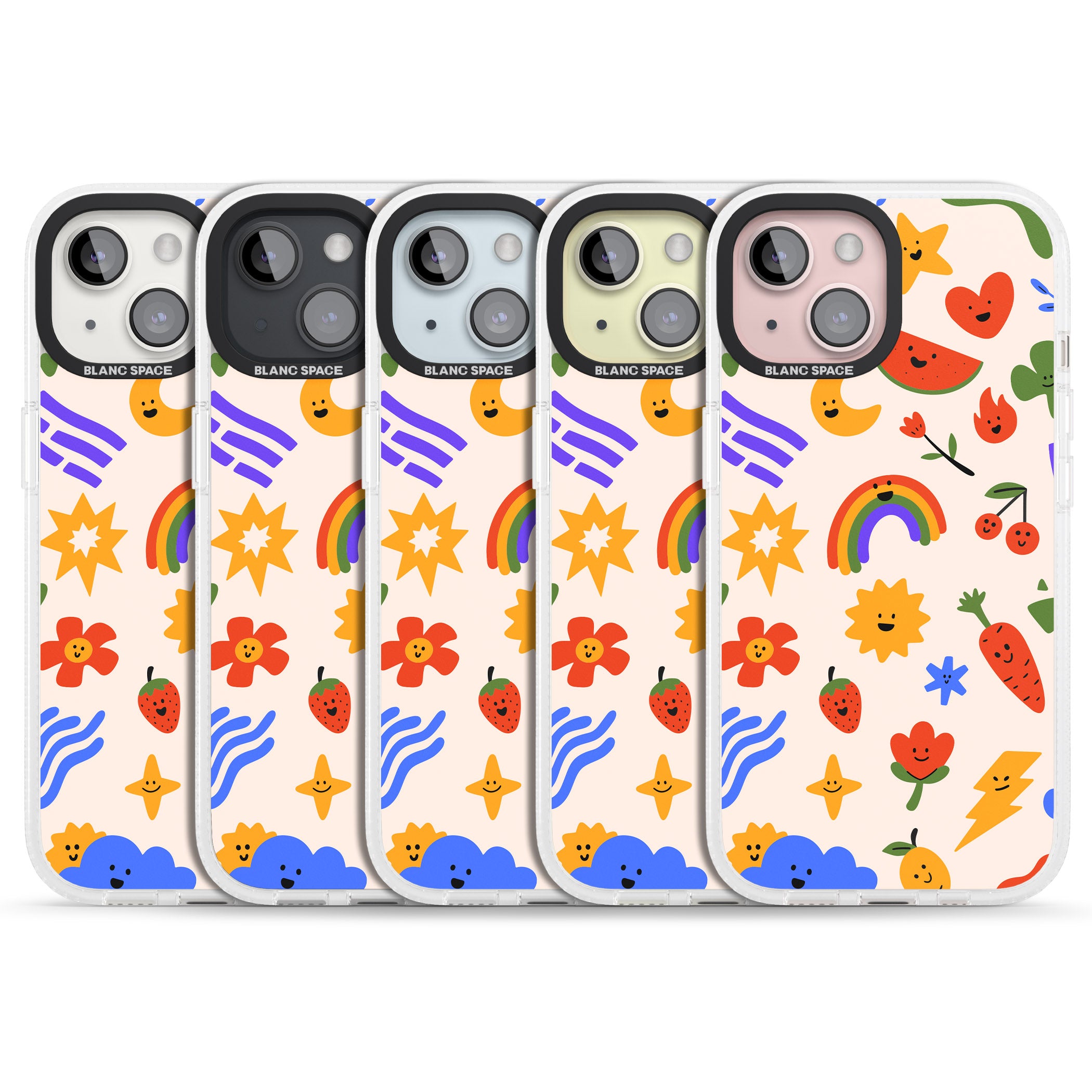 Mixed Large Kawaii Icons - Solid iPhone 15 / 14 / 13 Clear Case Impact Air - Blanc Space