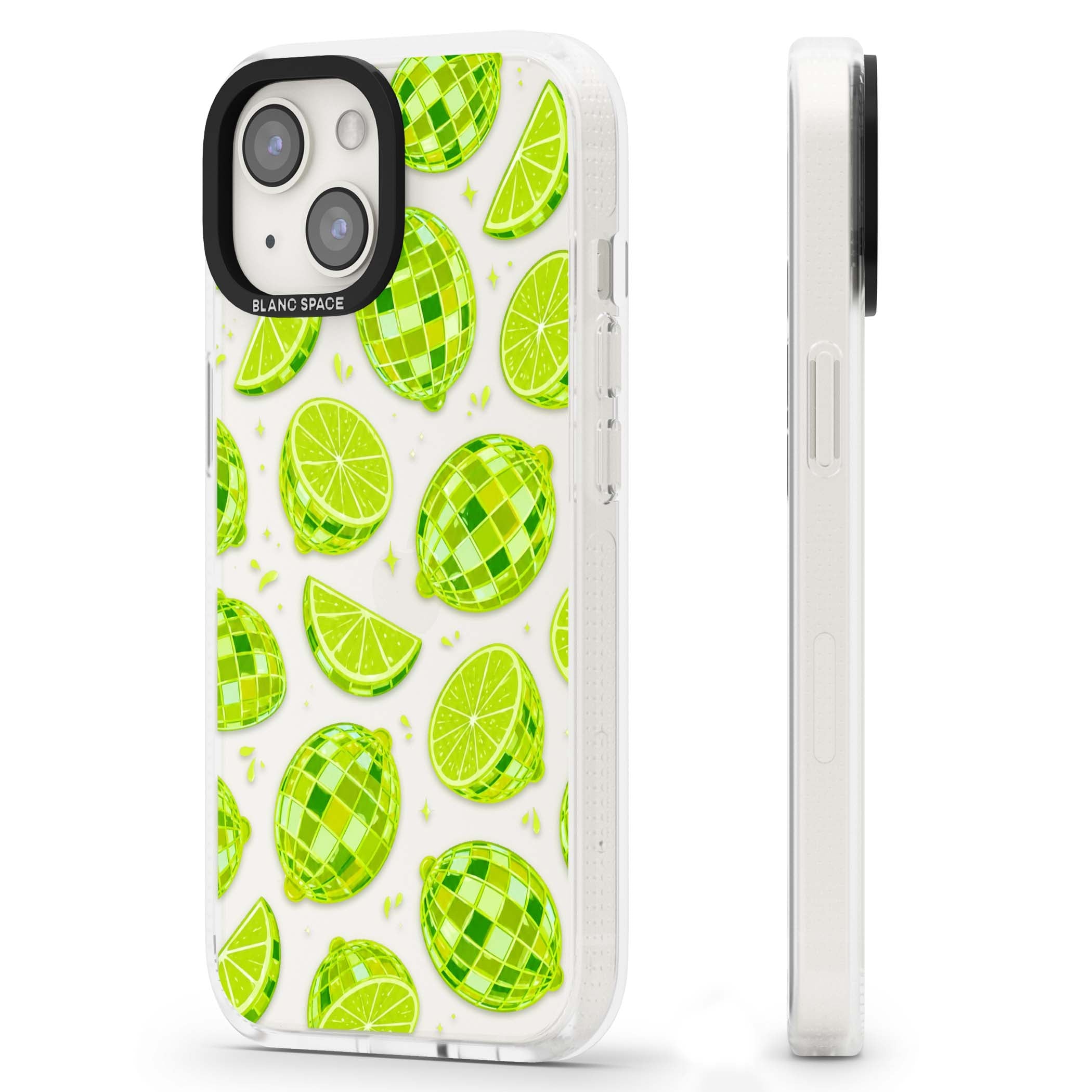 Disco Limes fruit aesthetic iPhone case featuring green disco balls, lime slices and citrus sparkles | Clear Case Impact Air case for iPhone 15, iPhone 15 Plus