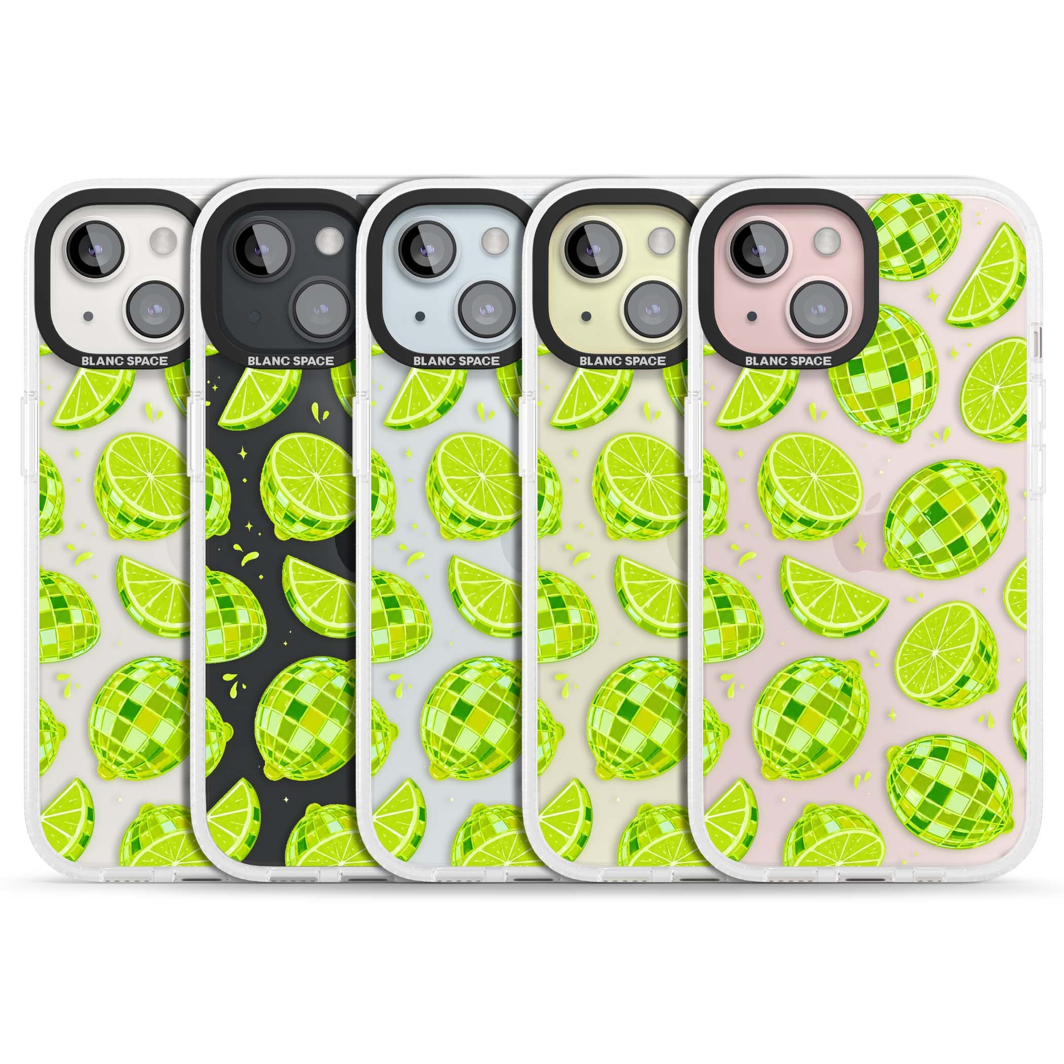 Disco Limes fruit aesthetic iPhone case featuring green disco balls, lime slices and citrus sparkles | Clear Case Impact Air case for iPhone 15, iPhone 15 Plus