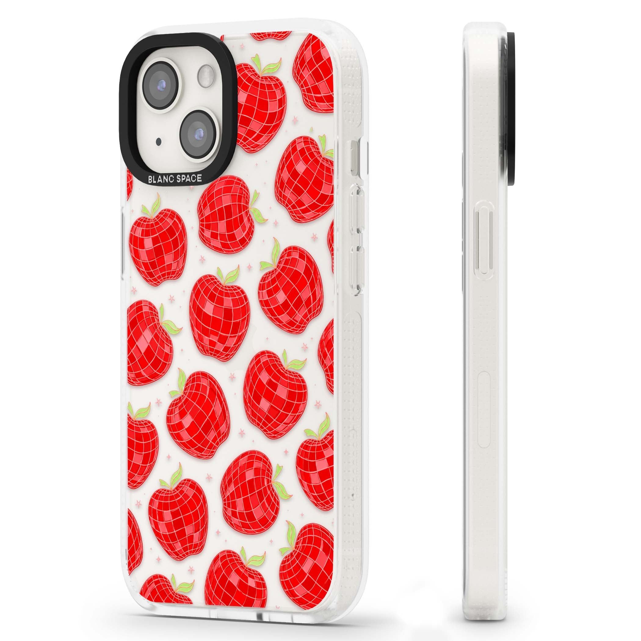 Disco Apples Y2K iPhone case featuring red disco ball apples, green leaves and pink sparkles on clear | Clear Case Impact Air case for iPhone 15, iPhone 15 Plus
