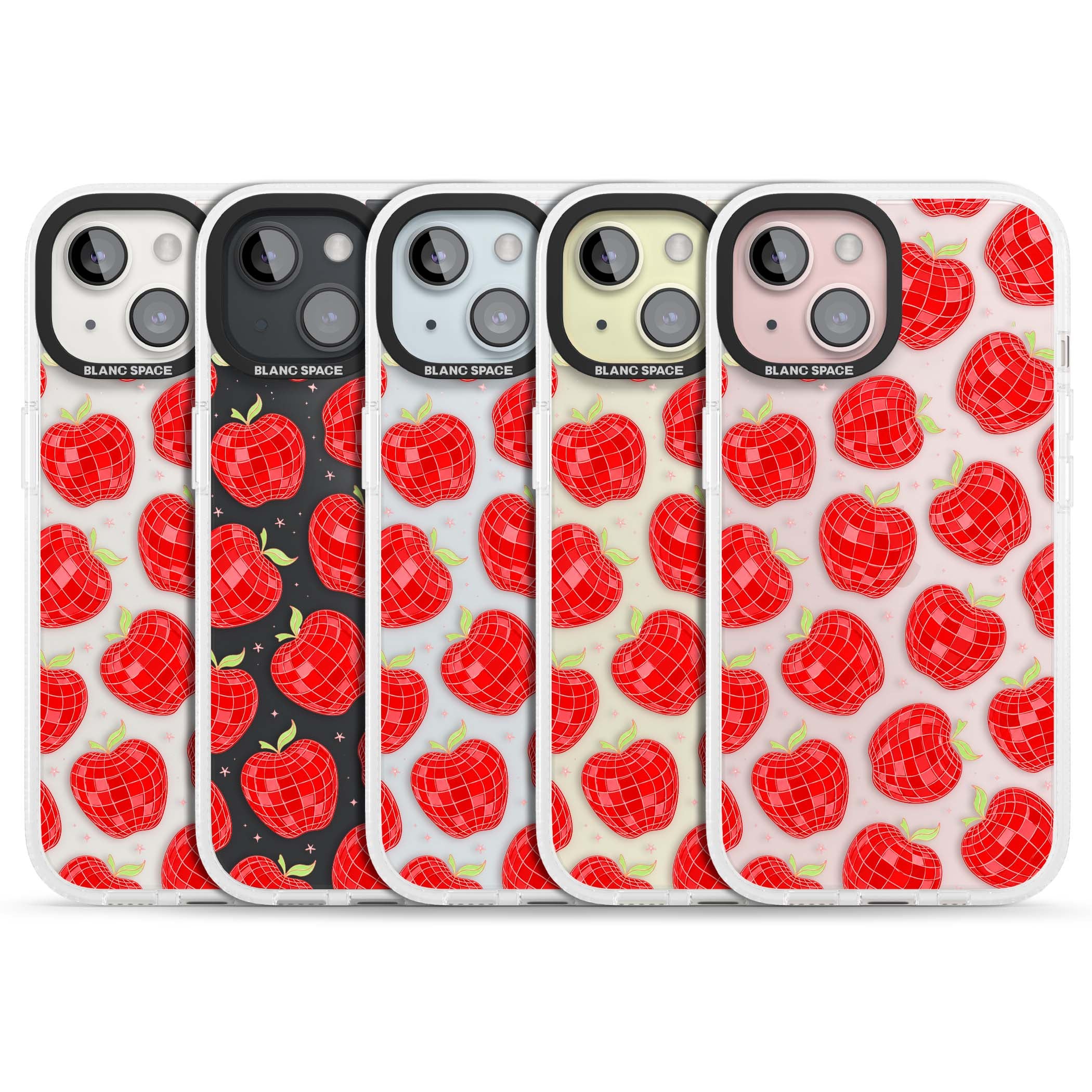 Disco Apples Y2K iPhone case featuring red disco ball apples, green leaves and pink sparkles on clear | Clear Case Impact Air case for iPhone 15, iPhone 15 Plus