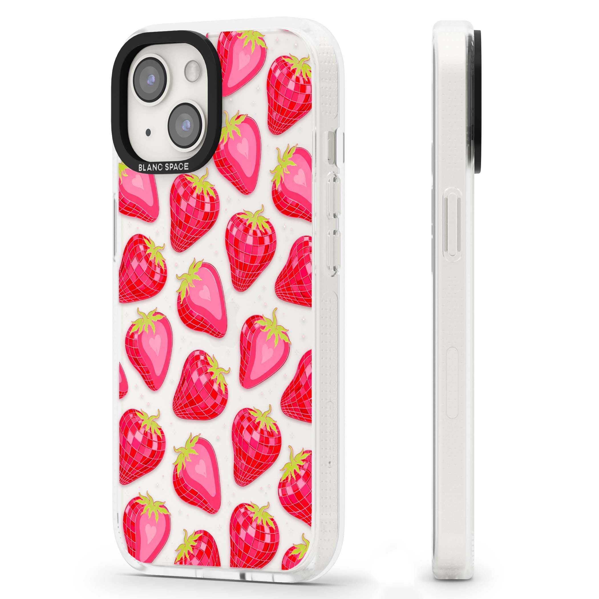 Disco Strawberry Y2K iPhone case featuring pink disco-ball strawberries, green leaves and tiny sparkles | Clear Case Impact Air case for iPhone 15, iPhone 15 Plus