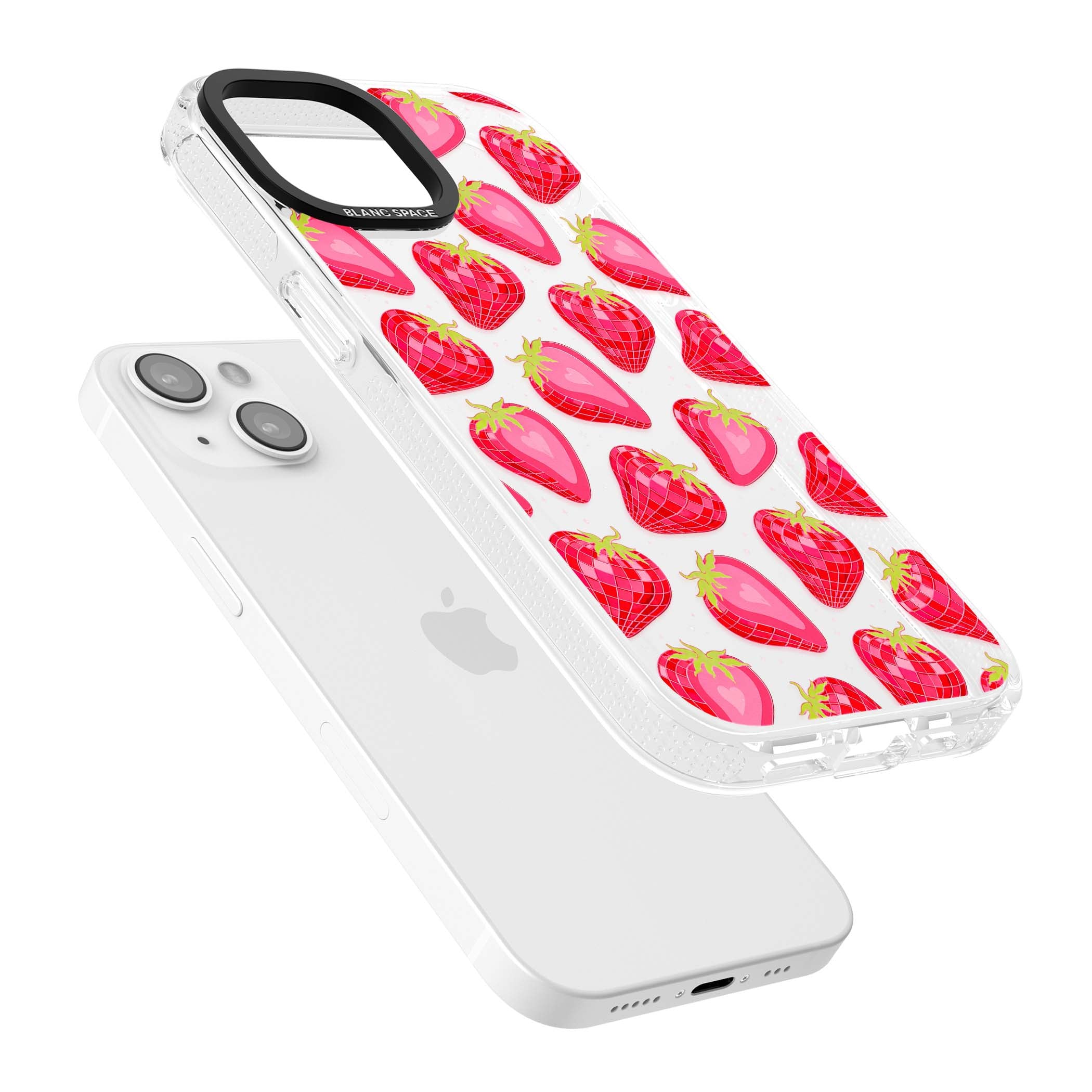 Disco Strawberry Y2K iPhone case featuring pink disco-ball strawberries, green leaves and tiny sparkles | Clear Case Impact Air case for iPhone 15, iPhone 15 Plus