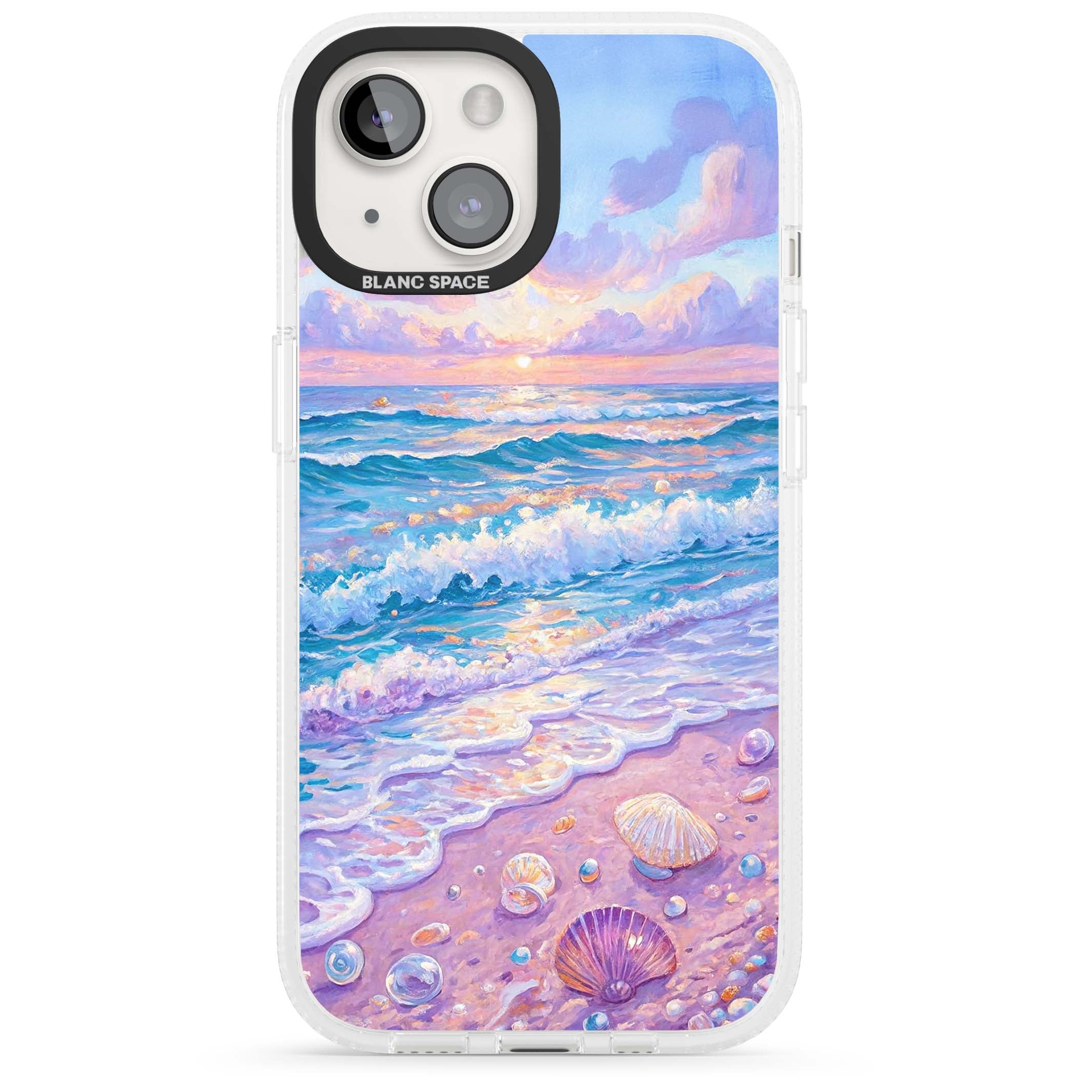 Pearl Shore coastal iPhone case featuring pastel painted waves, seashells, and a sunrise sky over a lavender beach. | Clear Case Impact Air case for iPhone 15, iPhone 15 Plus